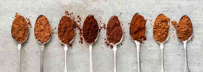 Eight spoons filled with cocoa powder in different shades of brown.