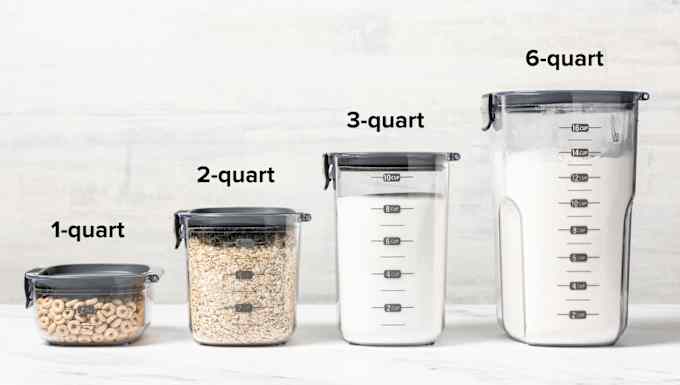 From the left: a 1-quart container with cereal, a 2-quart container with oats, a 3-quart container with sugar, and a 6-quart container with flour.