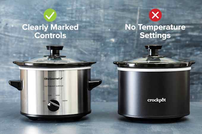 Two mini slow cookers displayed on a table. The one on the left features a knob with multiple temperature settings. 