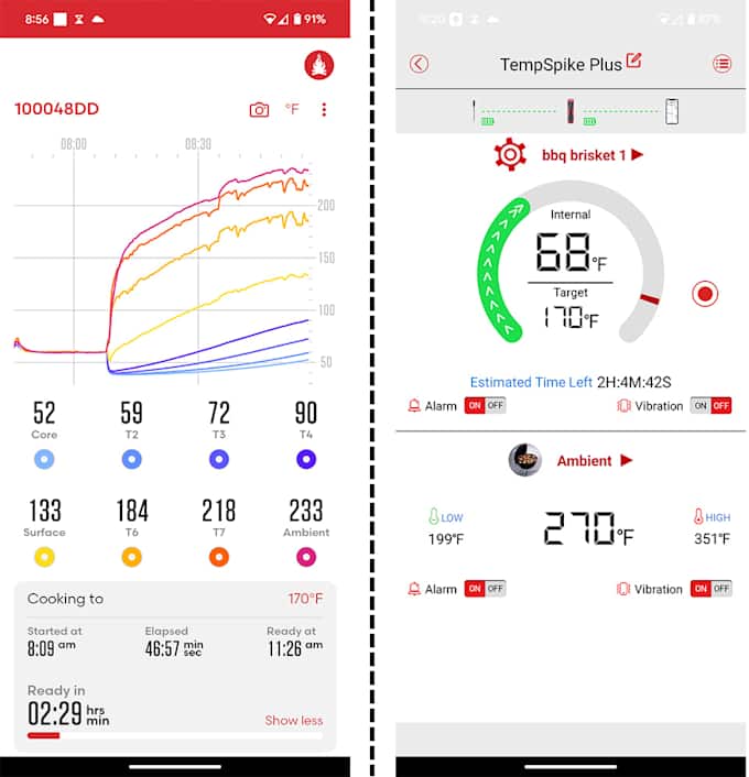 two screenshots showing temperatures being tracked by wireless probes. there are numbers and graphs on the left image and a progress circle on the right image.