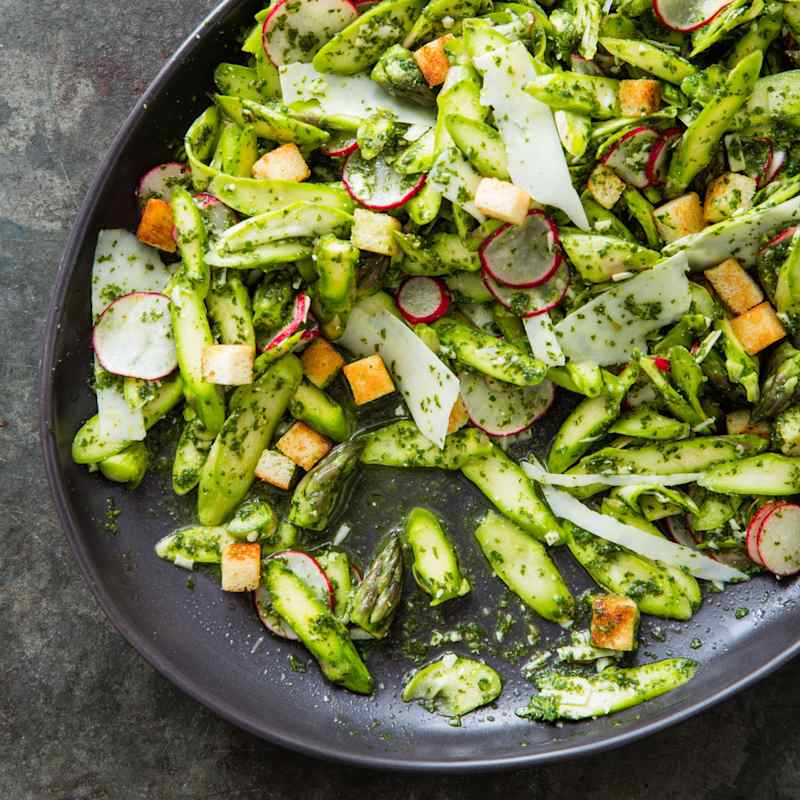 Asparagus Salad with Radishes, Pecorino Romano, and Croutons