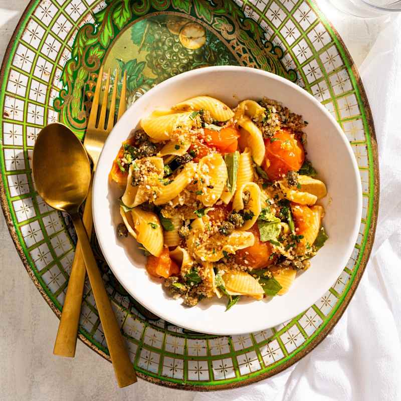 Pasta with Burst Cherry Tomato Sauce and Fried Caper Crumbs
