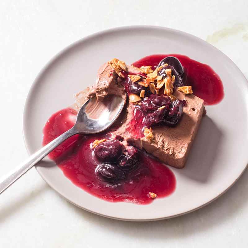 Chocolate Semifreddo with Cherry Sauce and Quick Candied Almonds