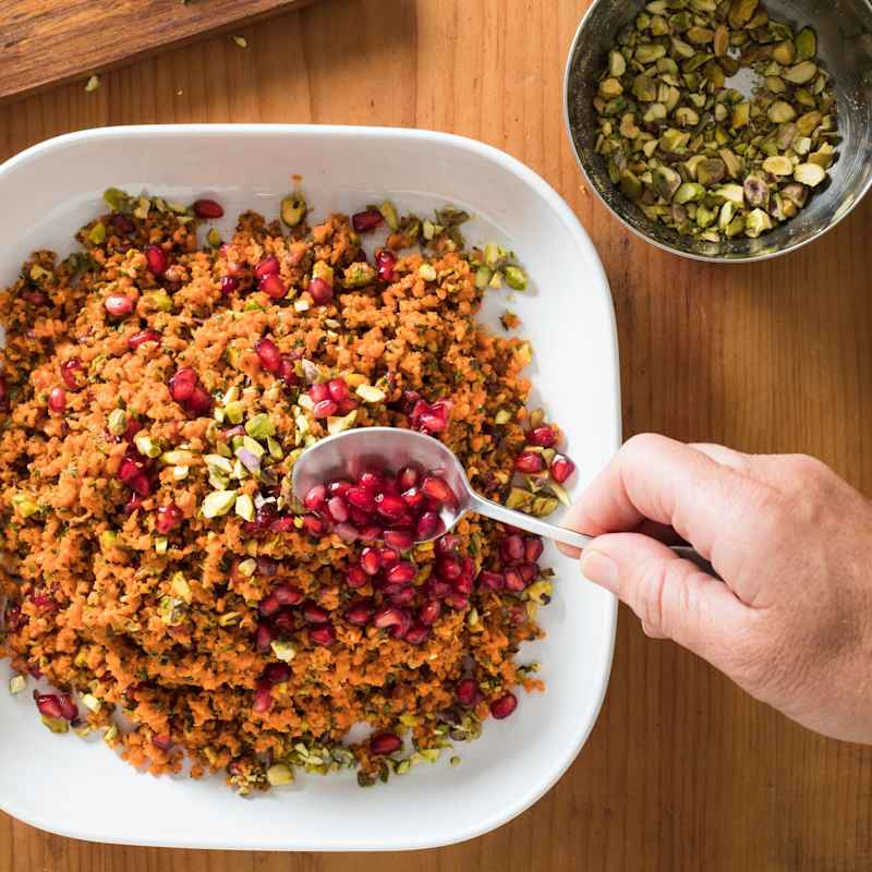 Chopped Carrot Salad with Mint, Pistachios, and Pomegranate Seeds