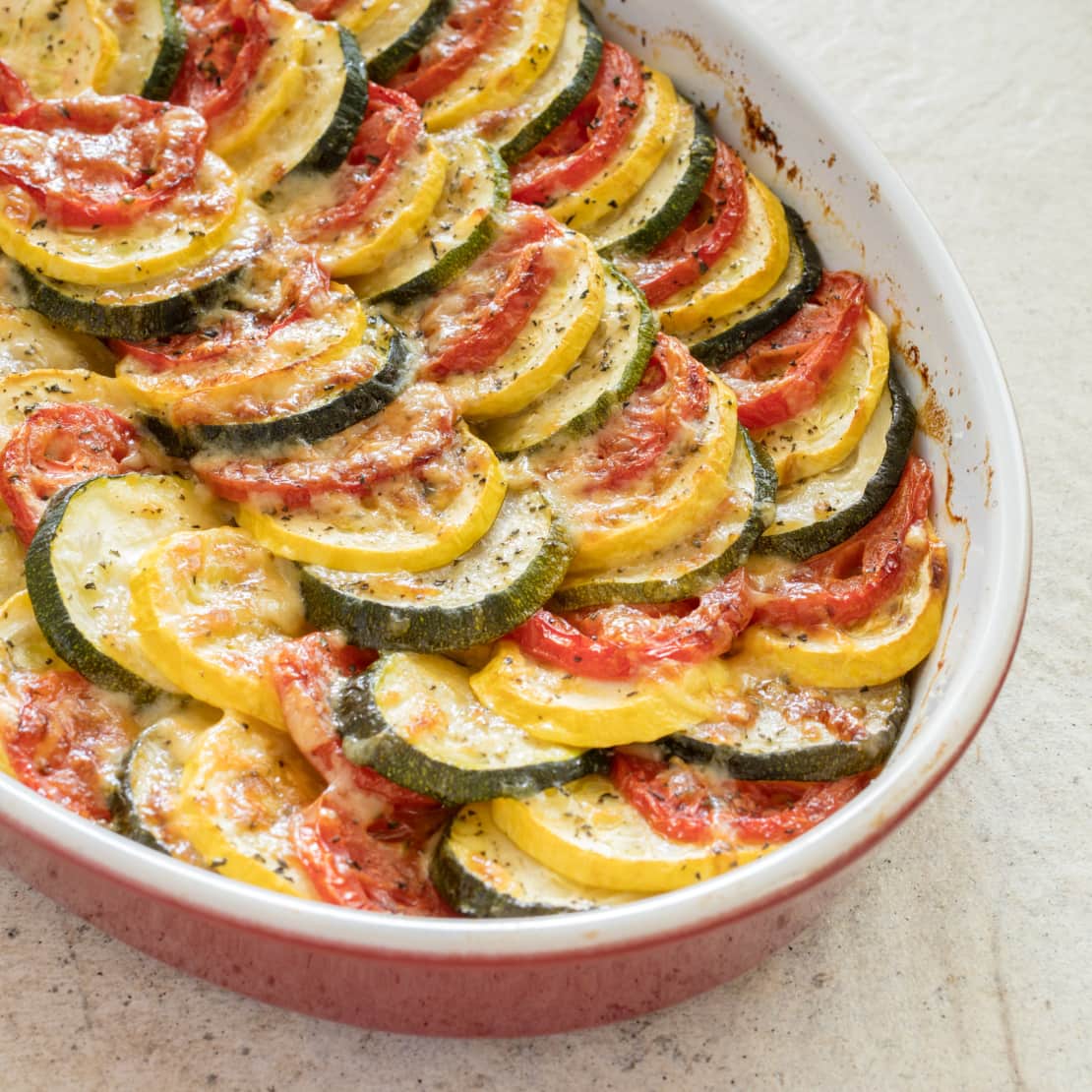 Zucchini and Tomato Tian with Caramelized Onions—Tian de Courgettes aux Tomates