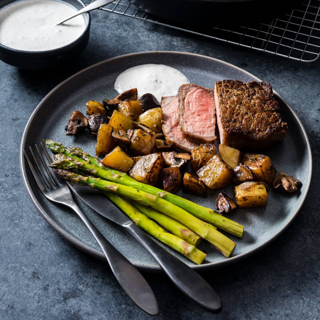 One-Pan Steak with Potatoes, Mushrooms, and Asparagus