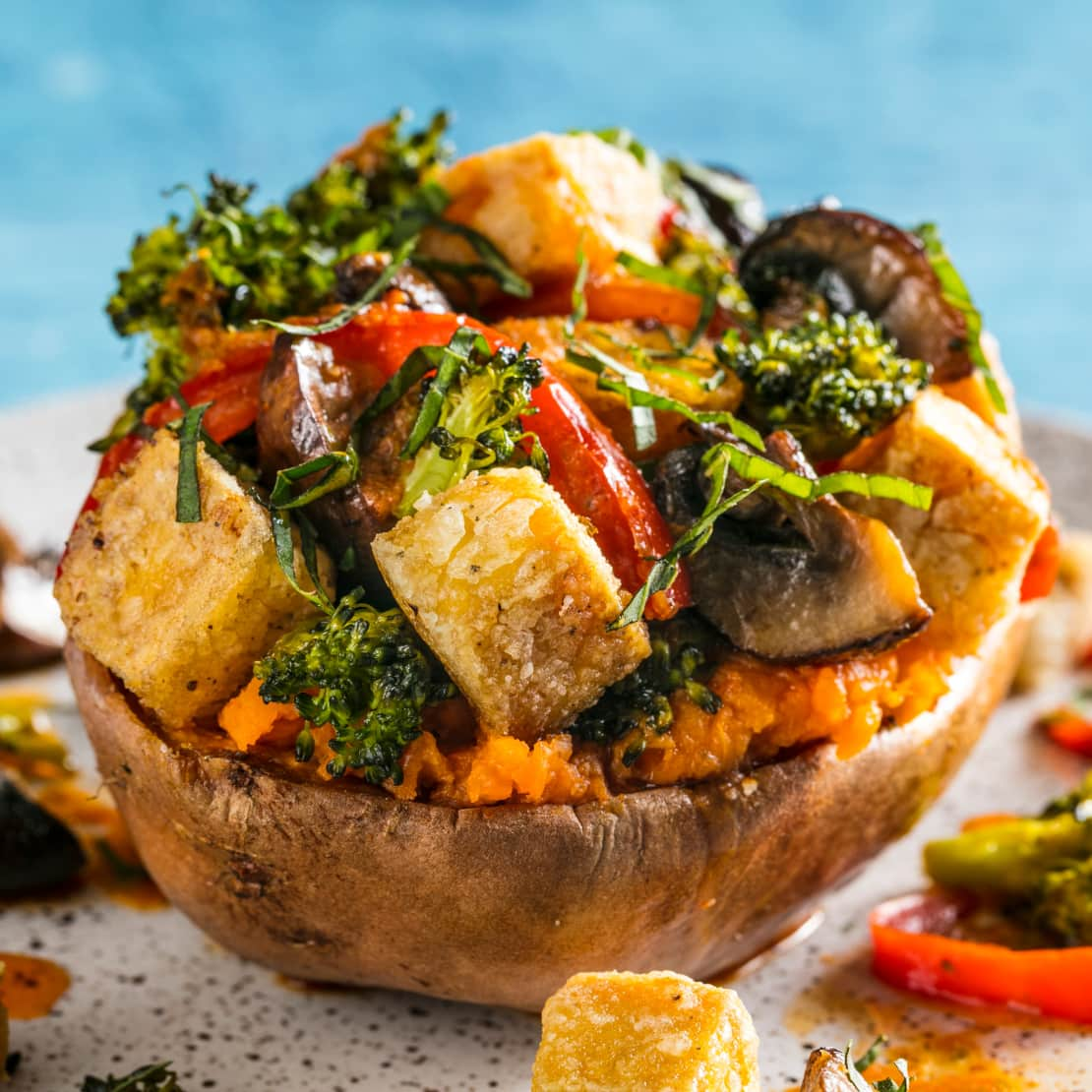 Toaster-Oven Overstuffed Sweet Potatoes with Tofu and Red Curry Vinaigrette