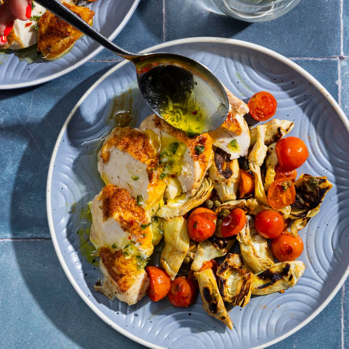 Pan-Roasted Chicken Breasts with Artichokes and Cherry Tomatoes