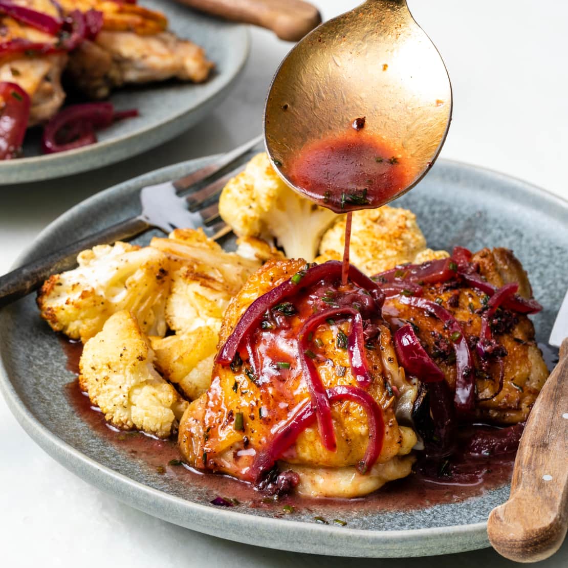 Roasted Chicken Thighs with Cauliflower and Pomegranate Pan Sauce