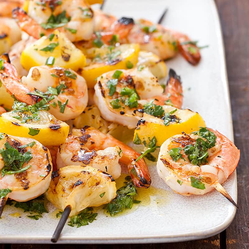 Shrimp and Lemon Skewers with Jalapeño Dressing