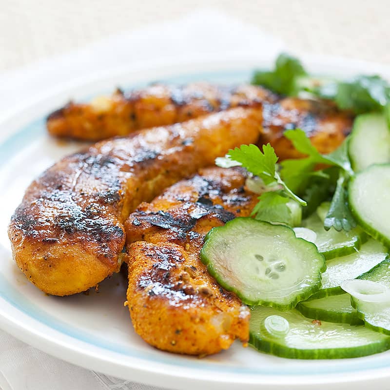 Spicy Grilled Chicken Tenders with Cucumber-Coriander Salad