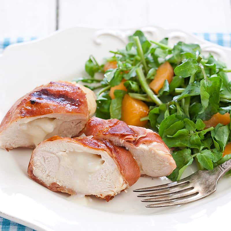 Grilled Cheesy Chicken Breasts with Prosciutto and Watercress-Apricot Salad | America's Test Kitchen