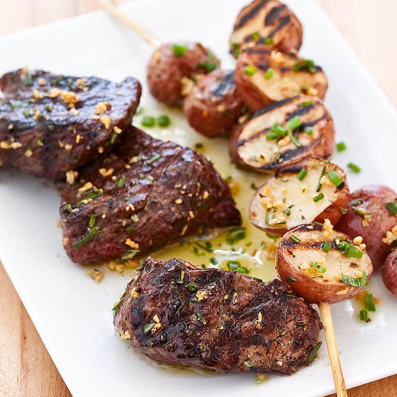 Grilled Steak Tips with Red Potato Skewers | America's Test Kitchen