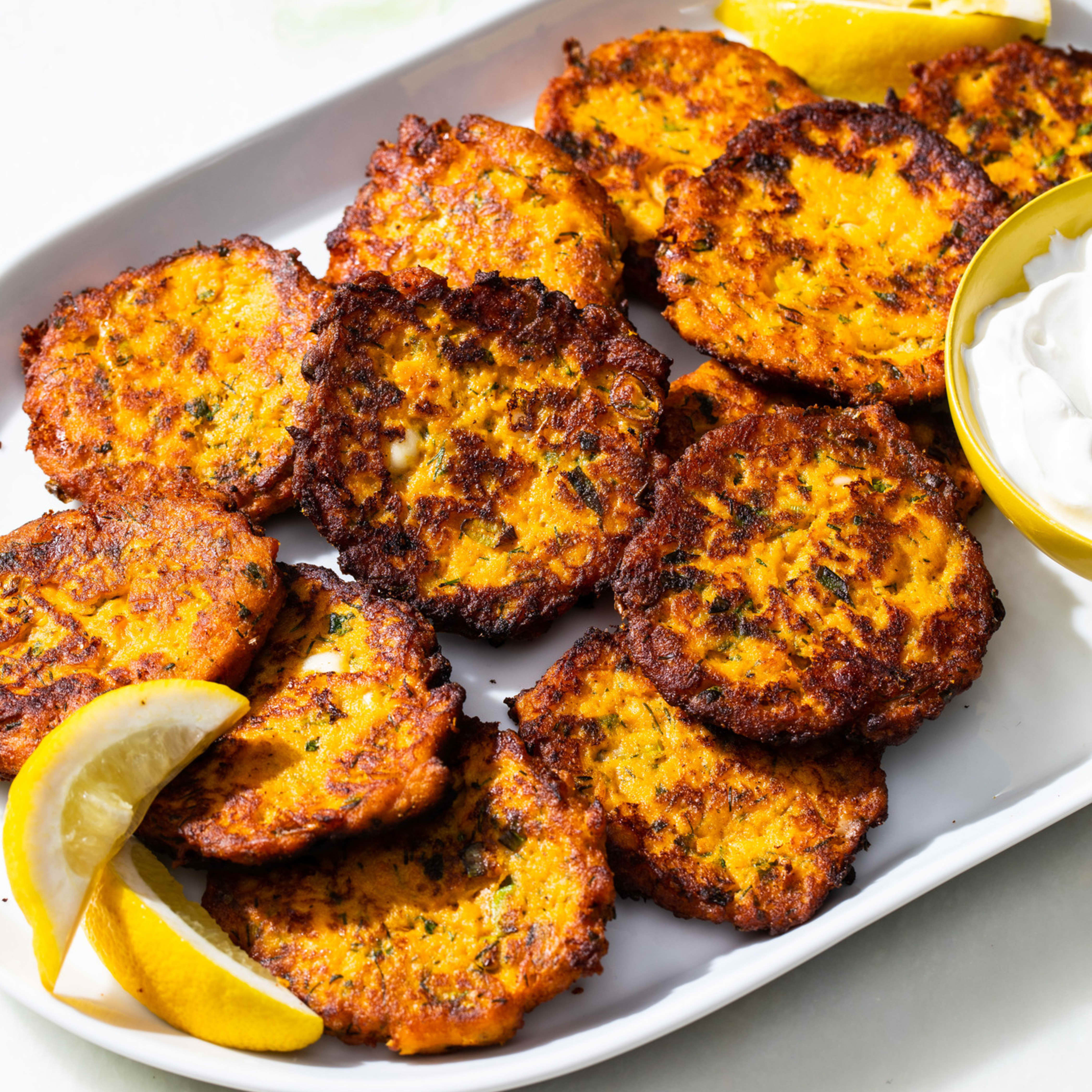 Sweet Potato Fritters with Feta, Dill, and Cilantro