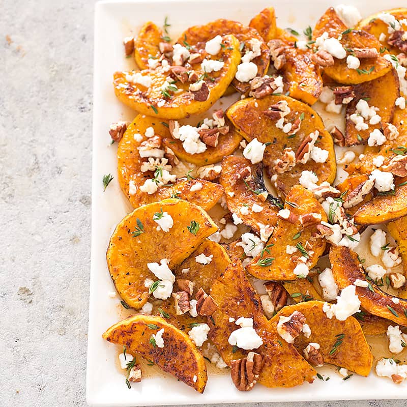 Roasted Butternut Squash with Goat Cheese, Pecans, and Maple