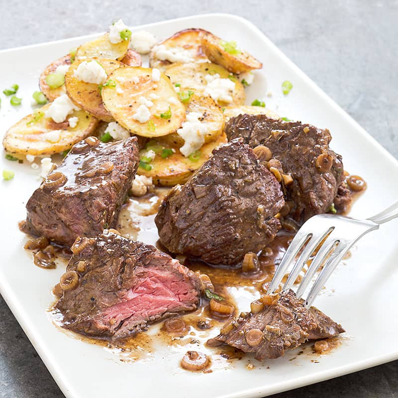 Steak Tips with Roasted Feta Potatoes
