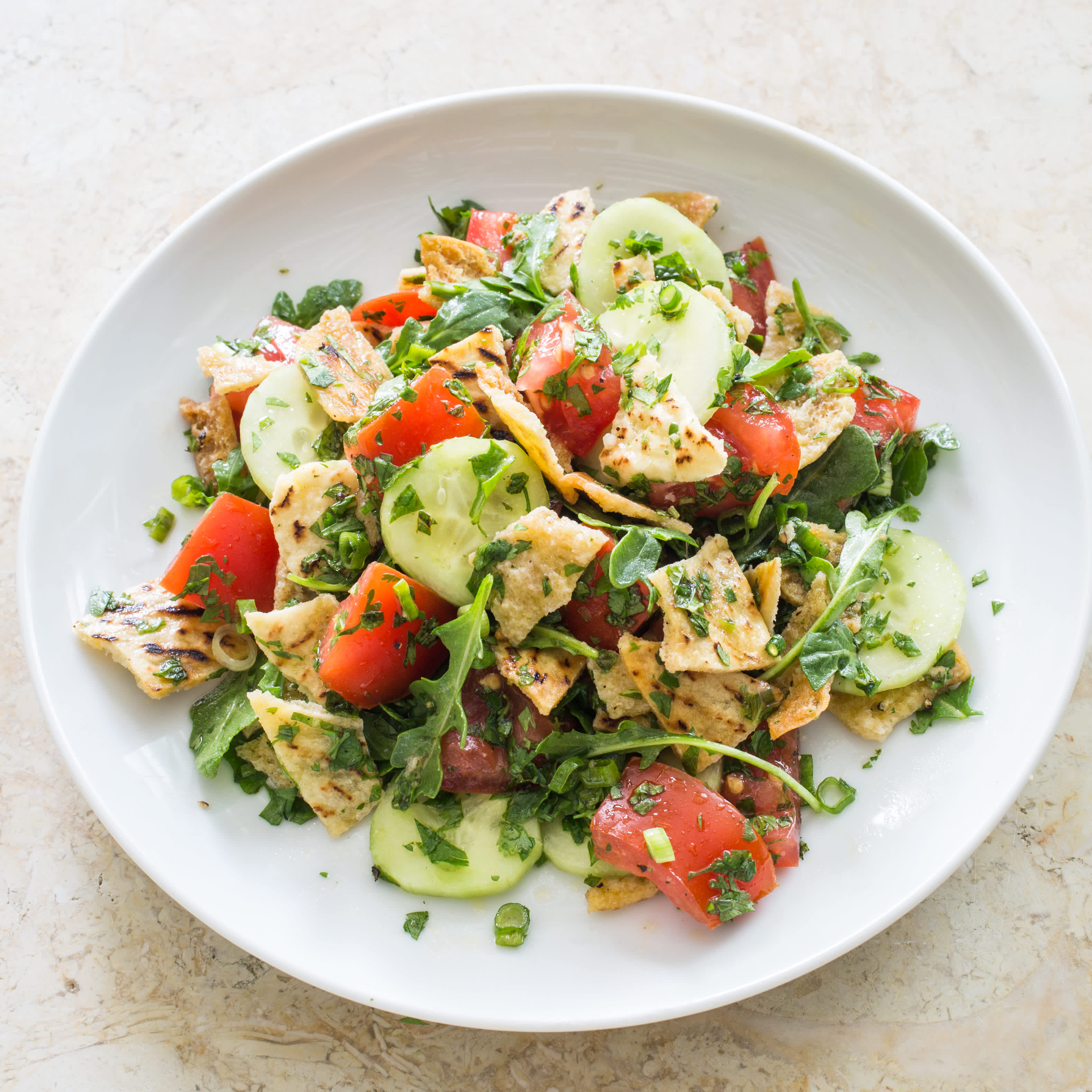 Pita Bread Salad with Tomatoes and Cucumber (Fattoush) for Two
