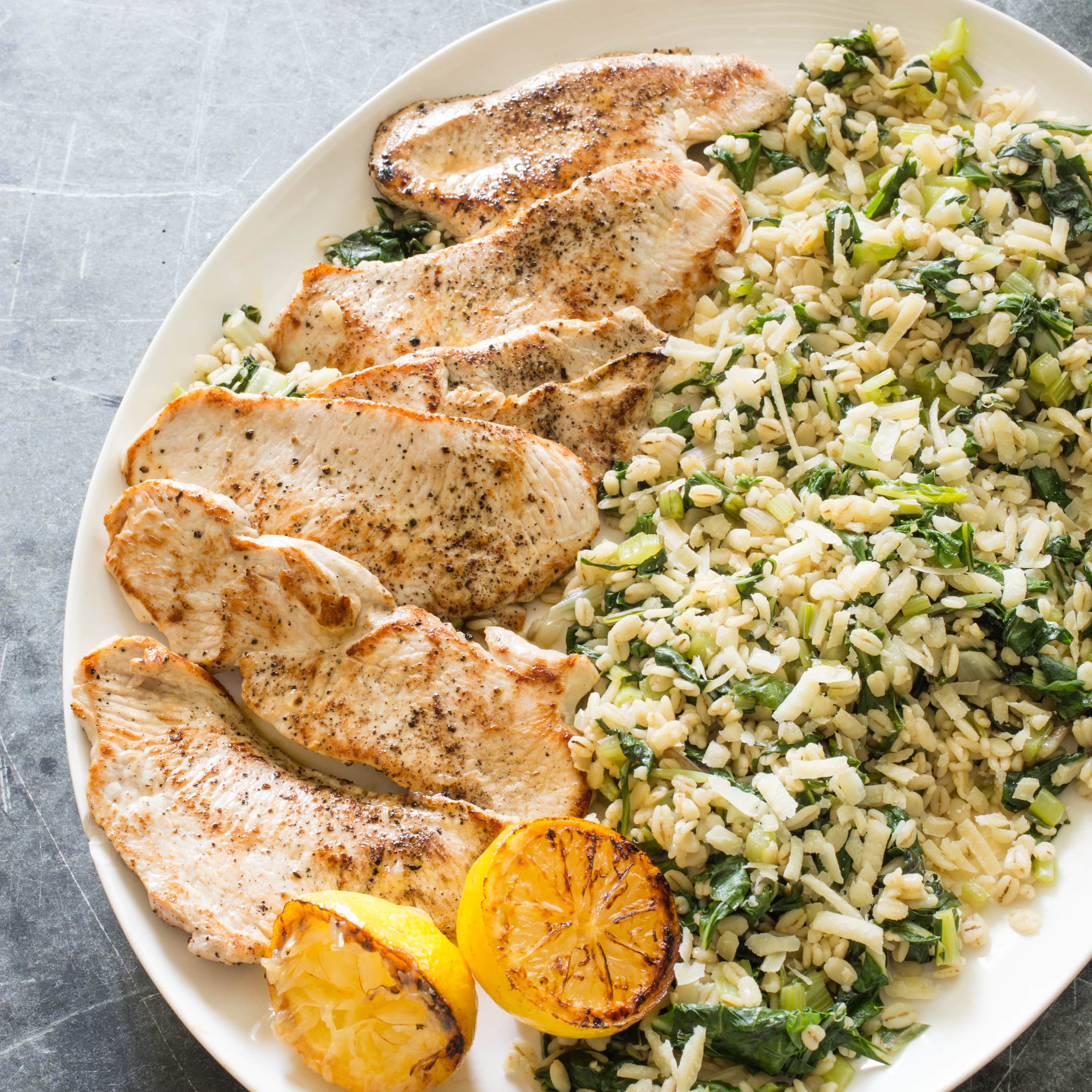 Turkey Cutlets with Barley and Swiss Chard