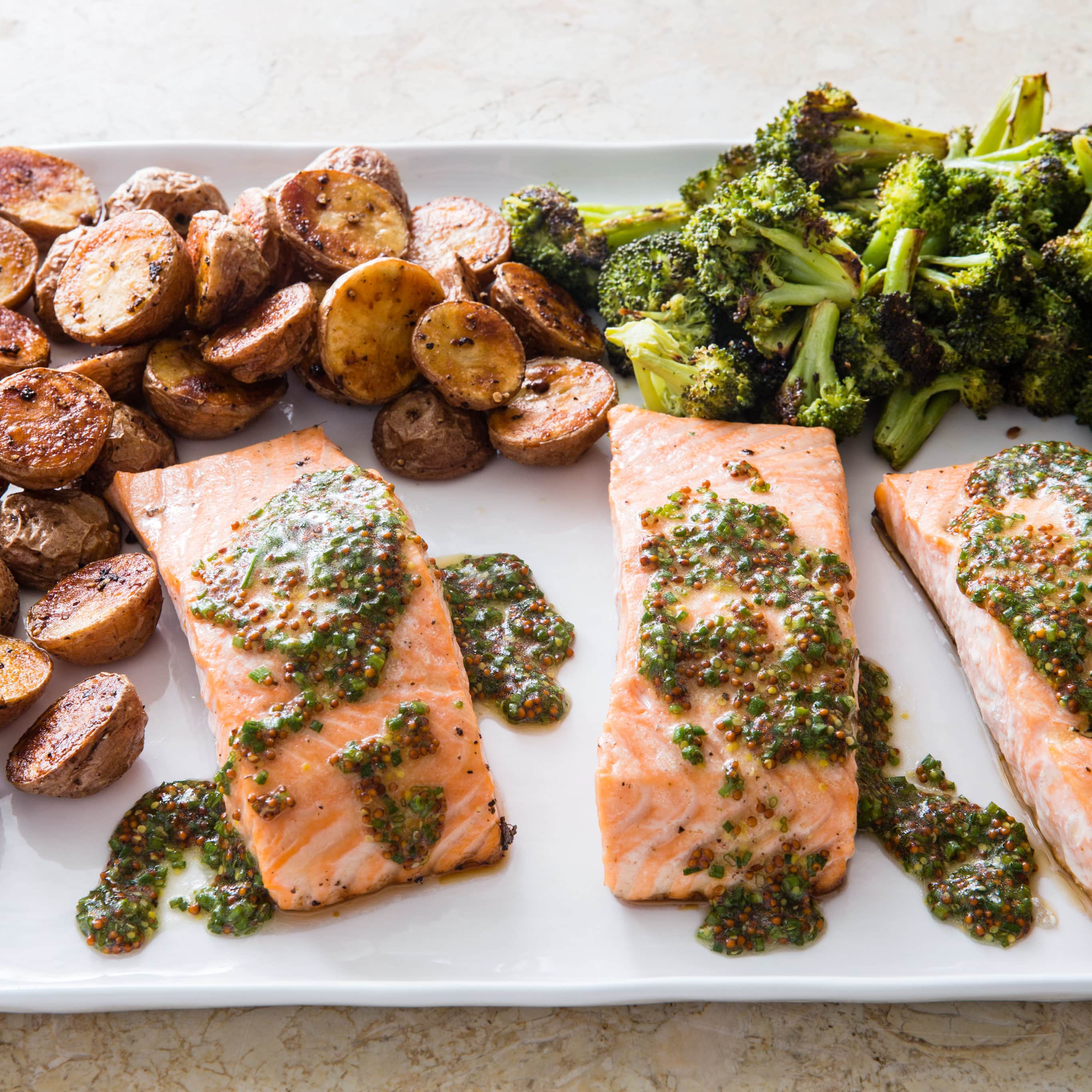 One-Pan Roasted Salmon with Broccoli and Red Potatoes | America's Test Kitchen