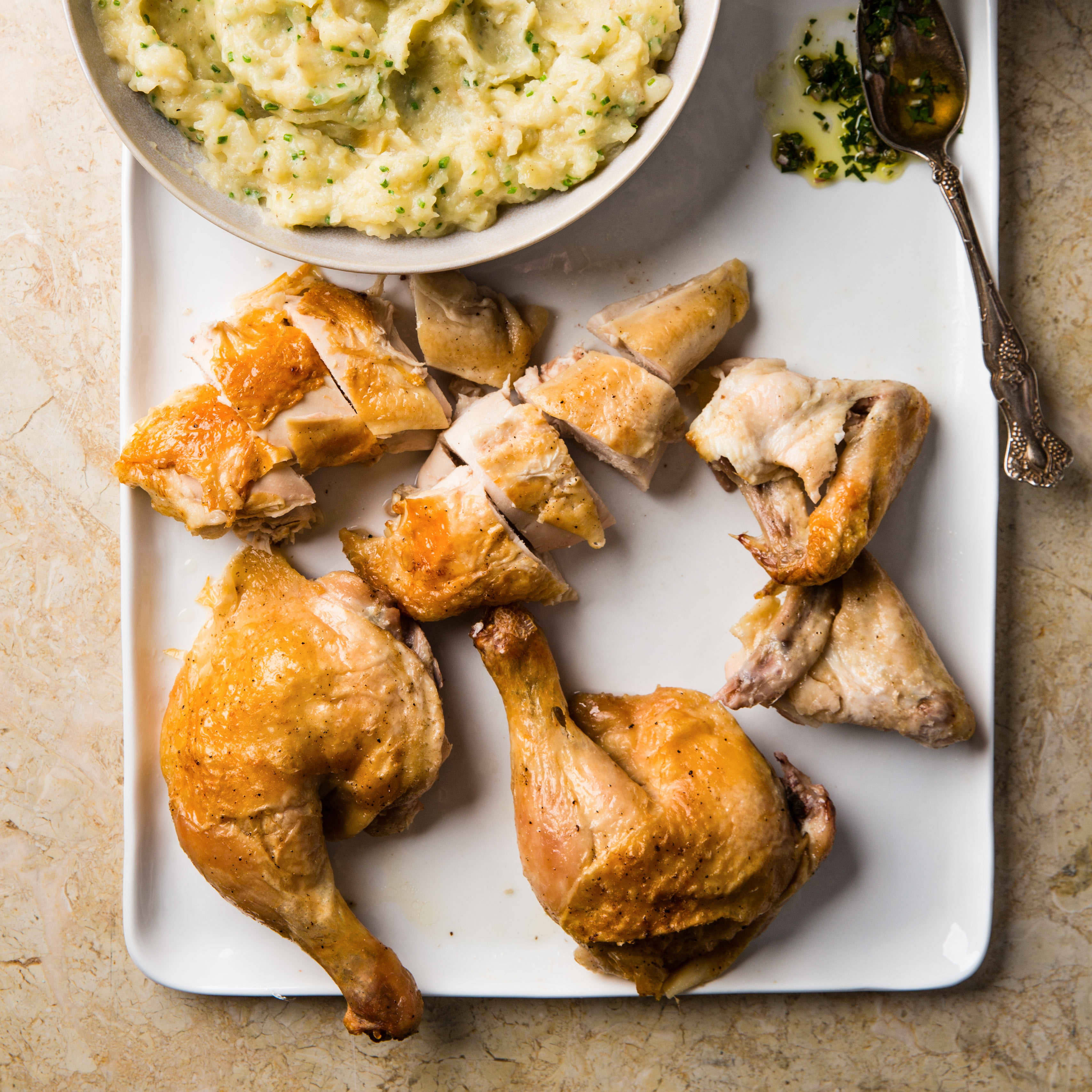 Butterflied Chicken with Garlic Smashed Potatoes