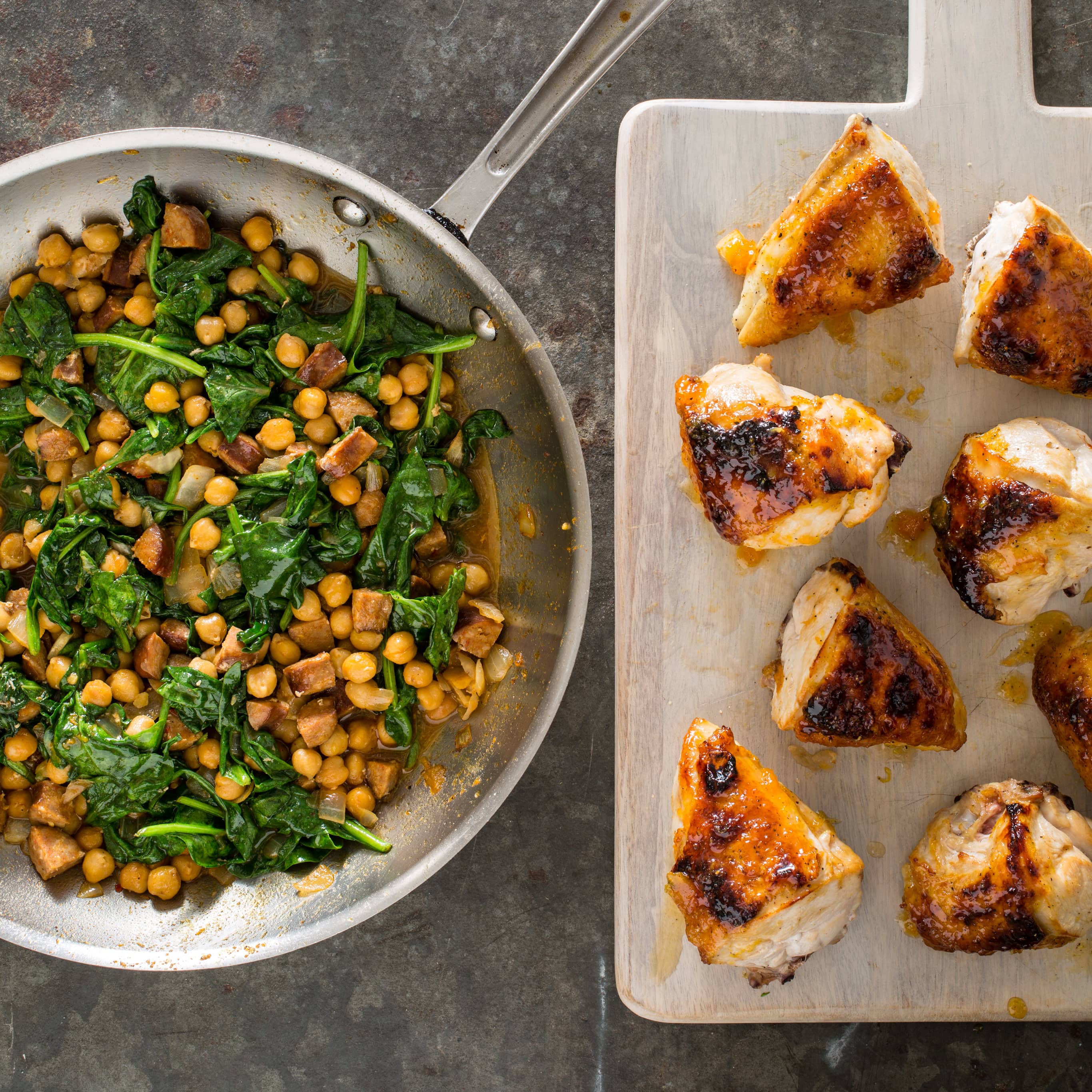 Apricot-Glazed Chicken with Chickpeas, Chorizo, and Spinach