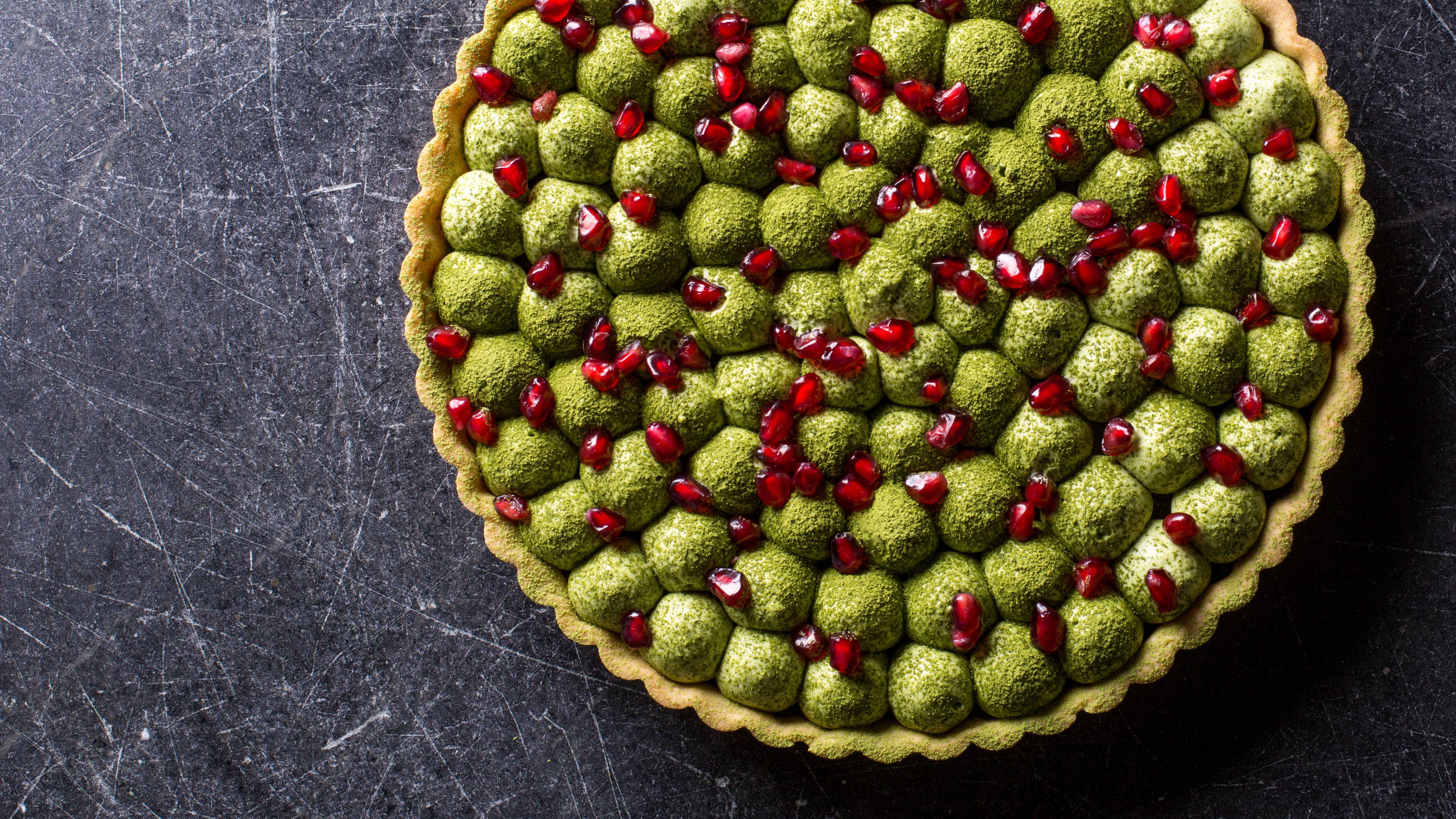 Chocolate, Matcha, and Pomegranate Tart