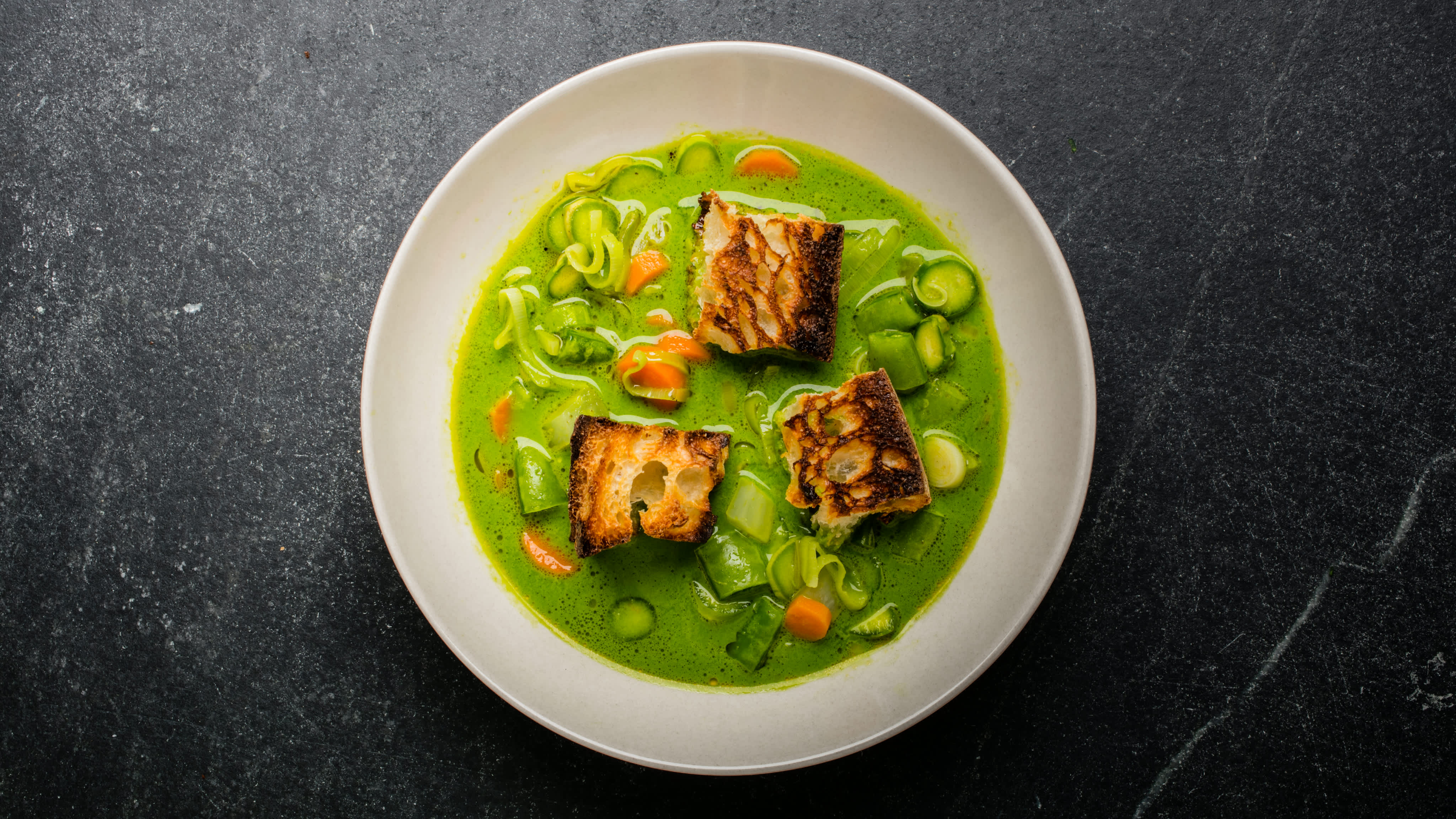 Spring Vegetable Soup with Charred Croutons