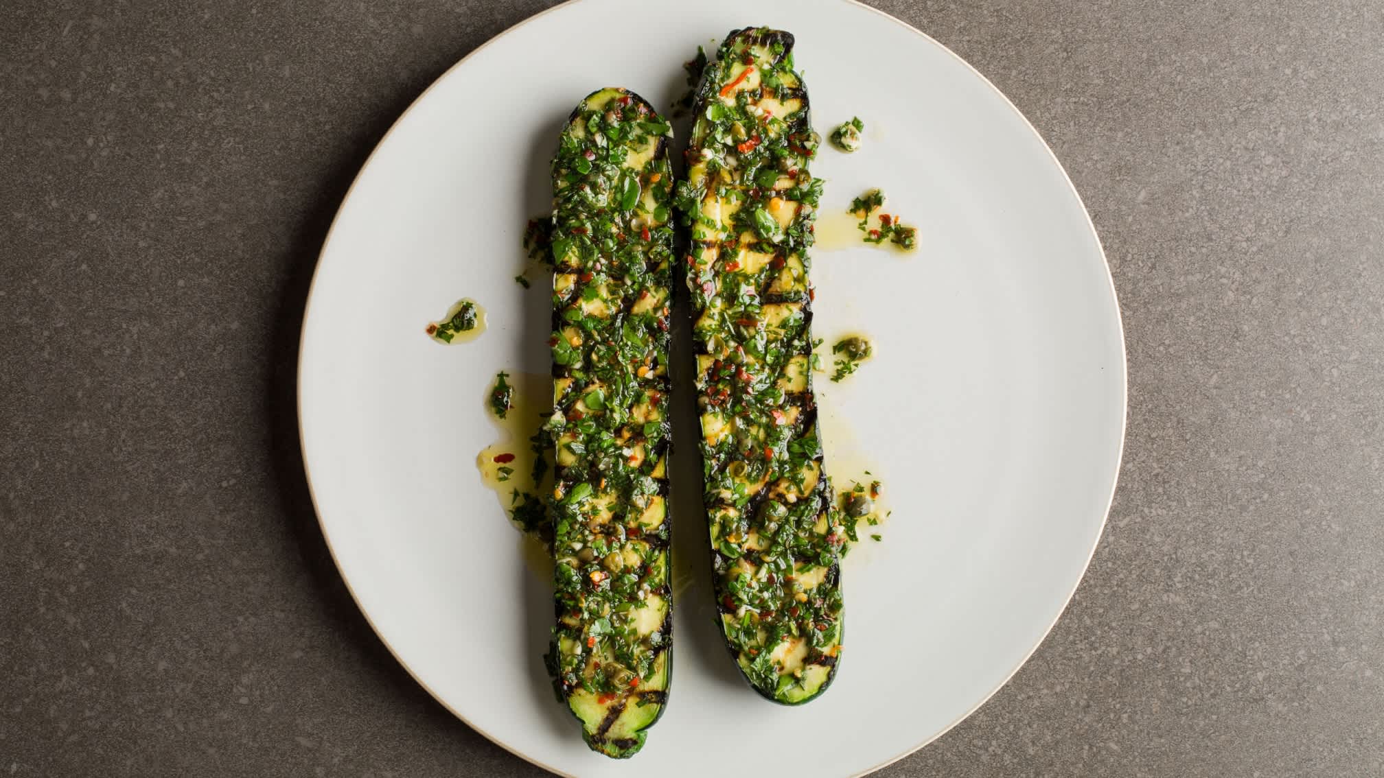Brined Grilled Zucchini with Mint Salsa Verde