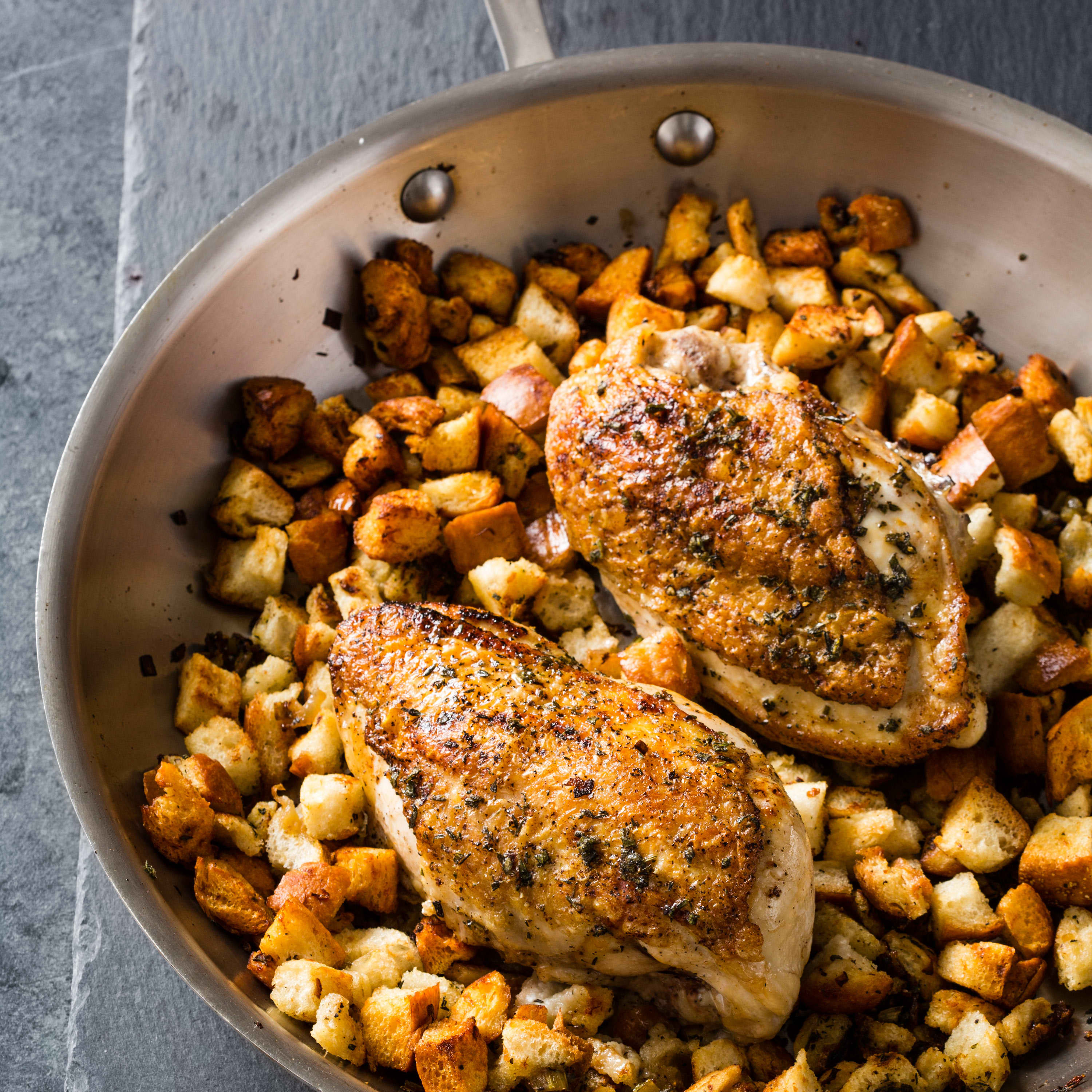 Skillet-Roasted Chicken and Stuffing for Two | America's Test Kitchen