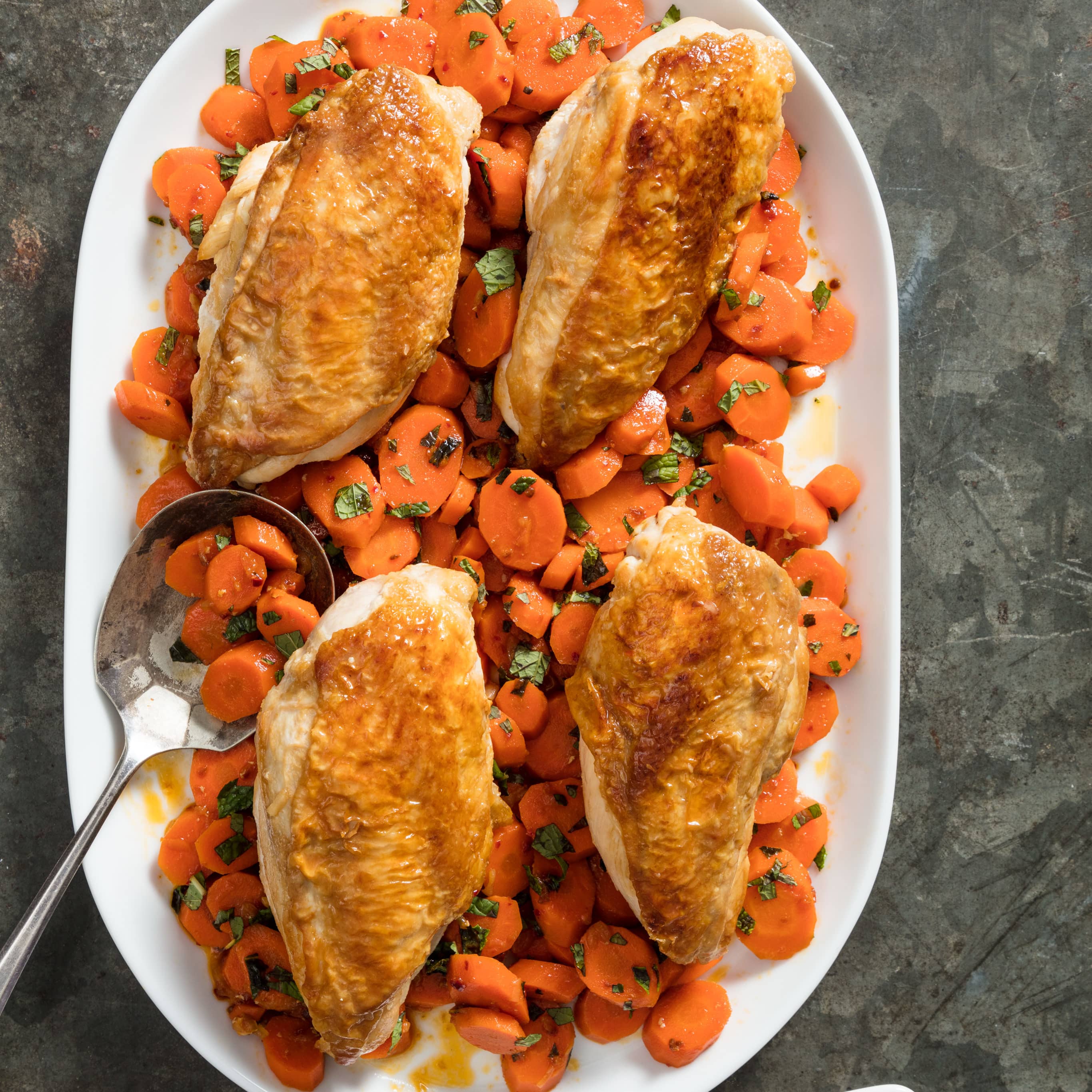 Skillet-Roasted Chicken Breasts with Harissa-Mint Carrots | America's Test Kitchen