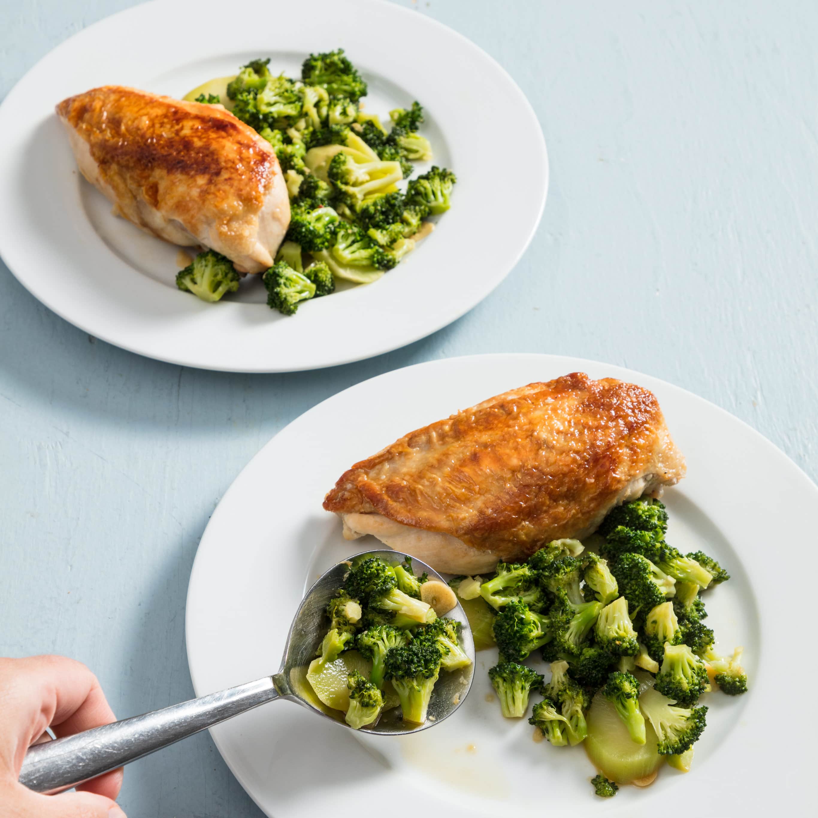 Skillet-Roasted Chicken Breasts with Garlic-Ginger Broccoli for Two