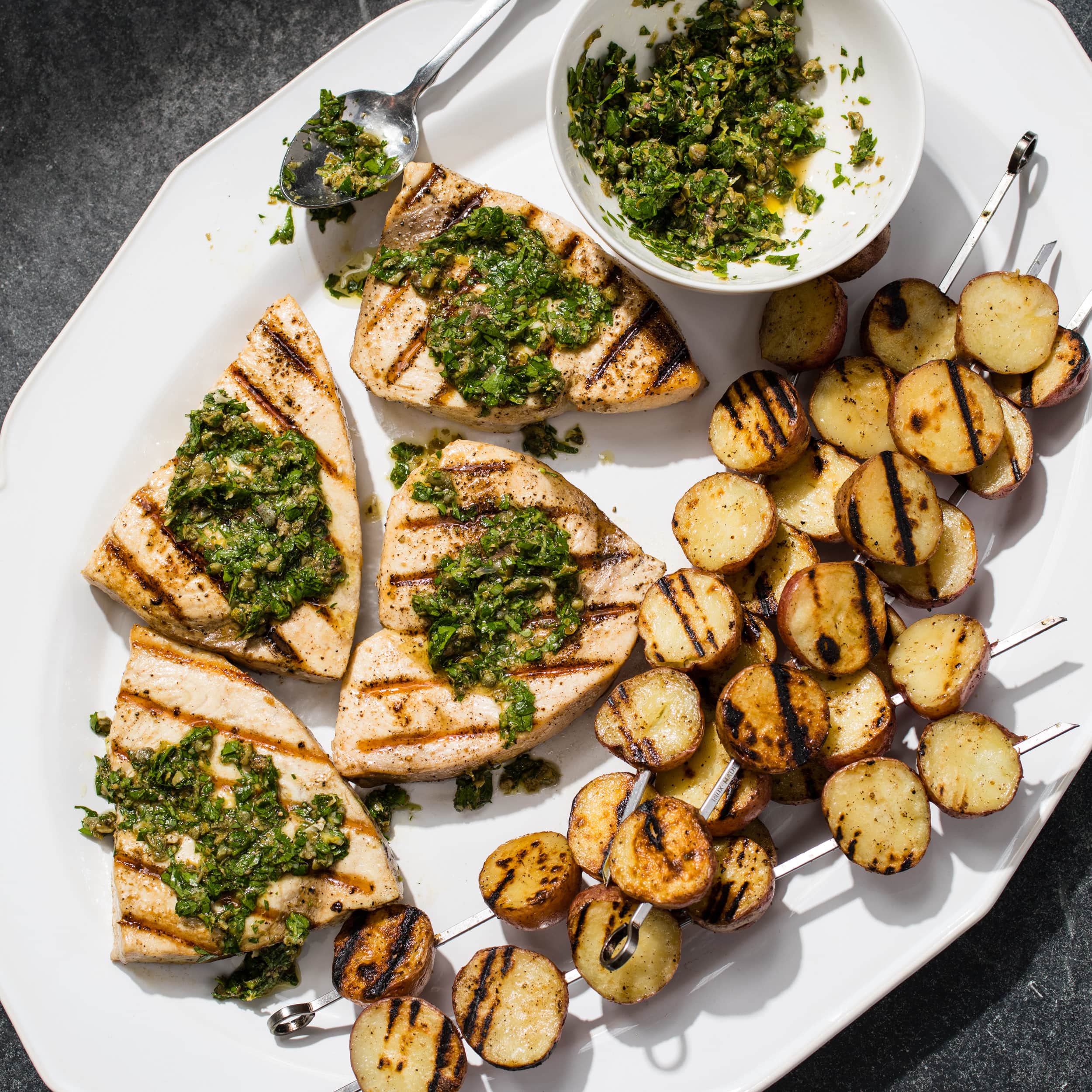 Grilled Swordfish with Potatoes and Salsa Verde | America's Test Kitchen