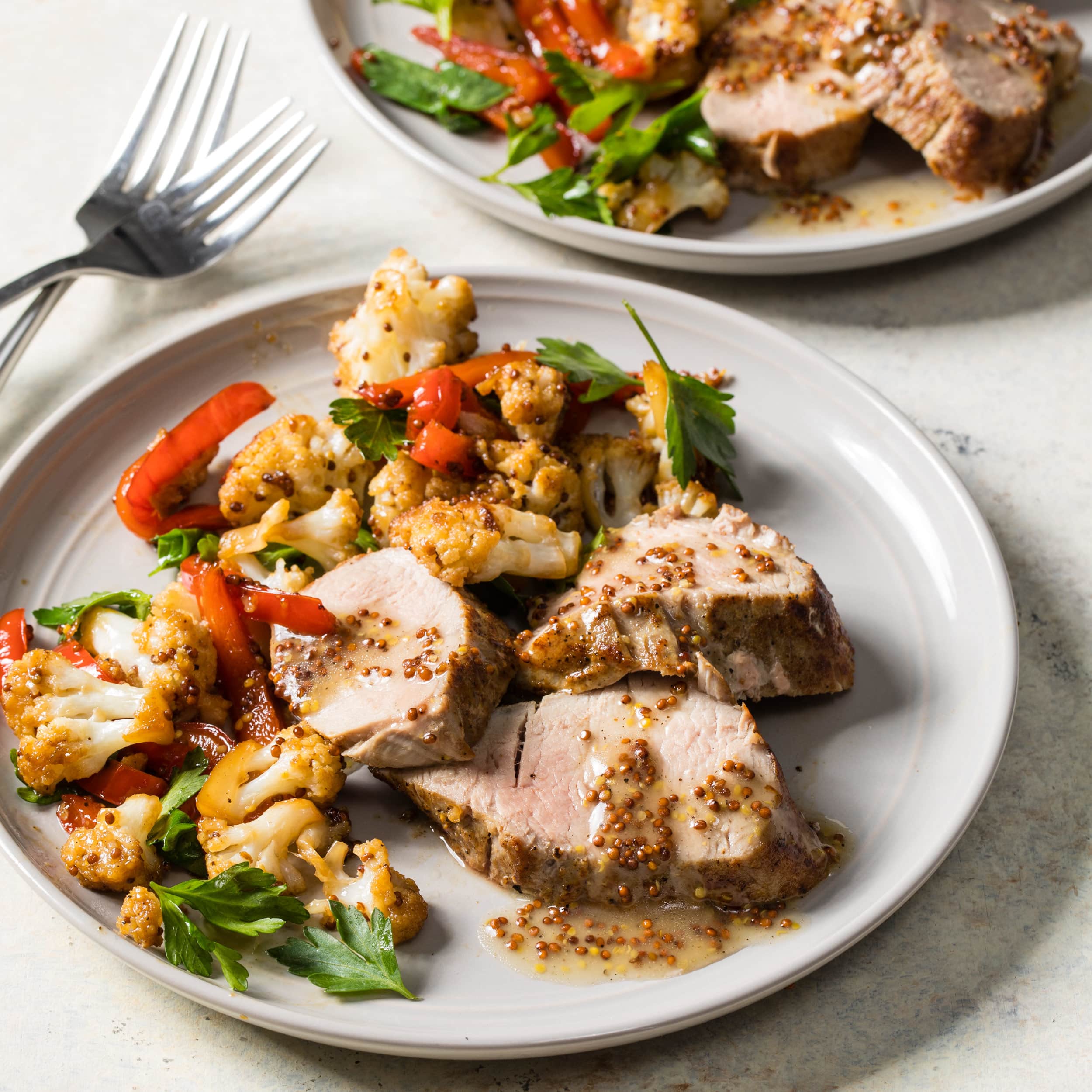 Mustard Pork Tenderloin with Cauliflower | America's Test Kitchen