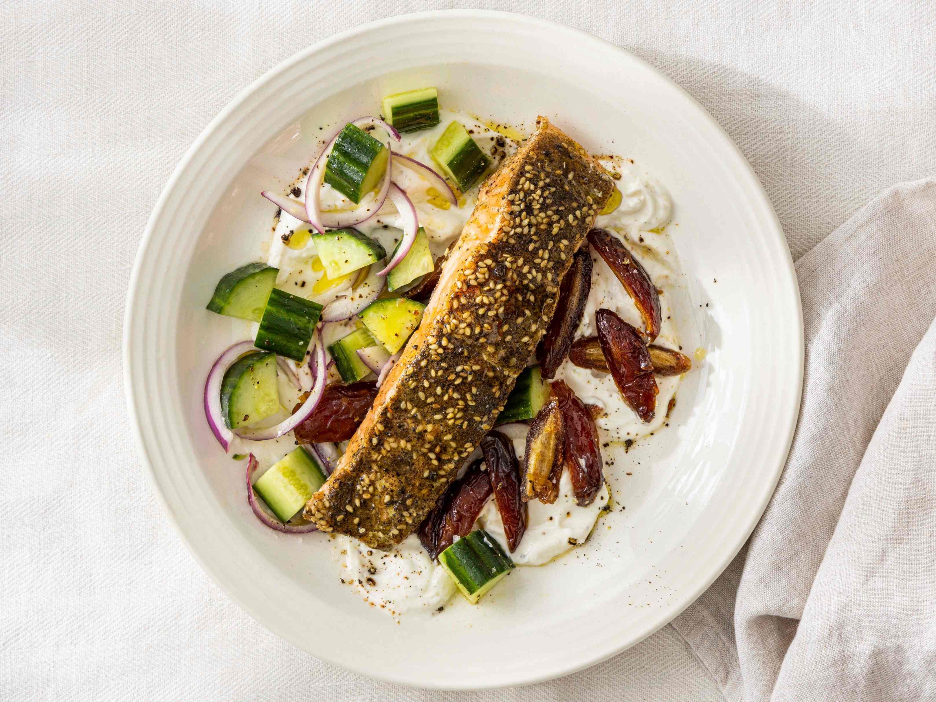 Za'atar Salmon with Roasted Dates and Cucumber