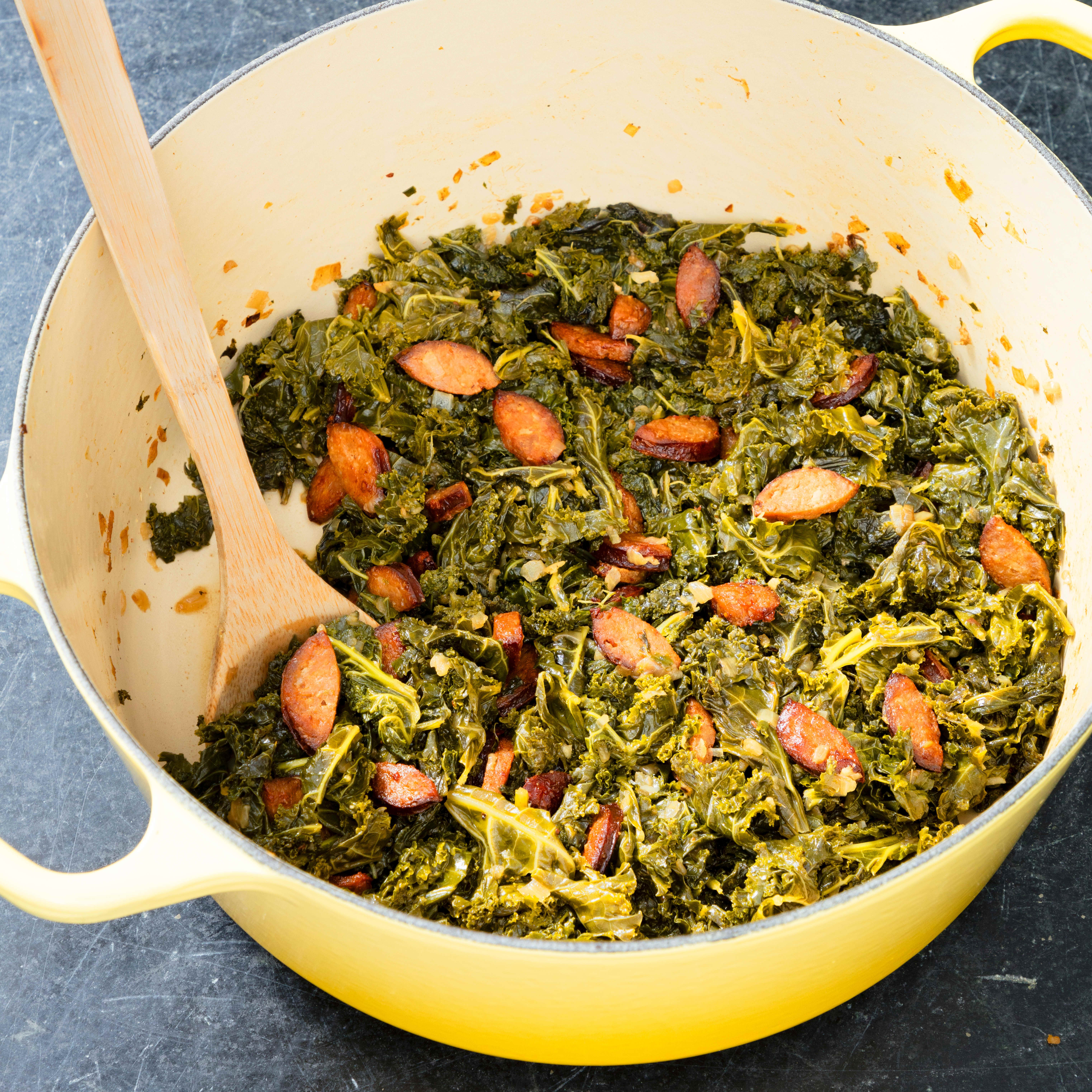 Braised Winter Greens with Chorizo | America's Test Kitchen