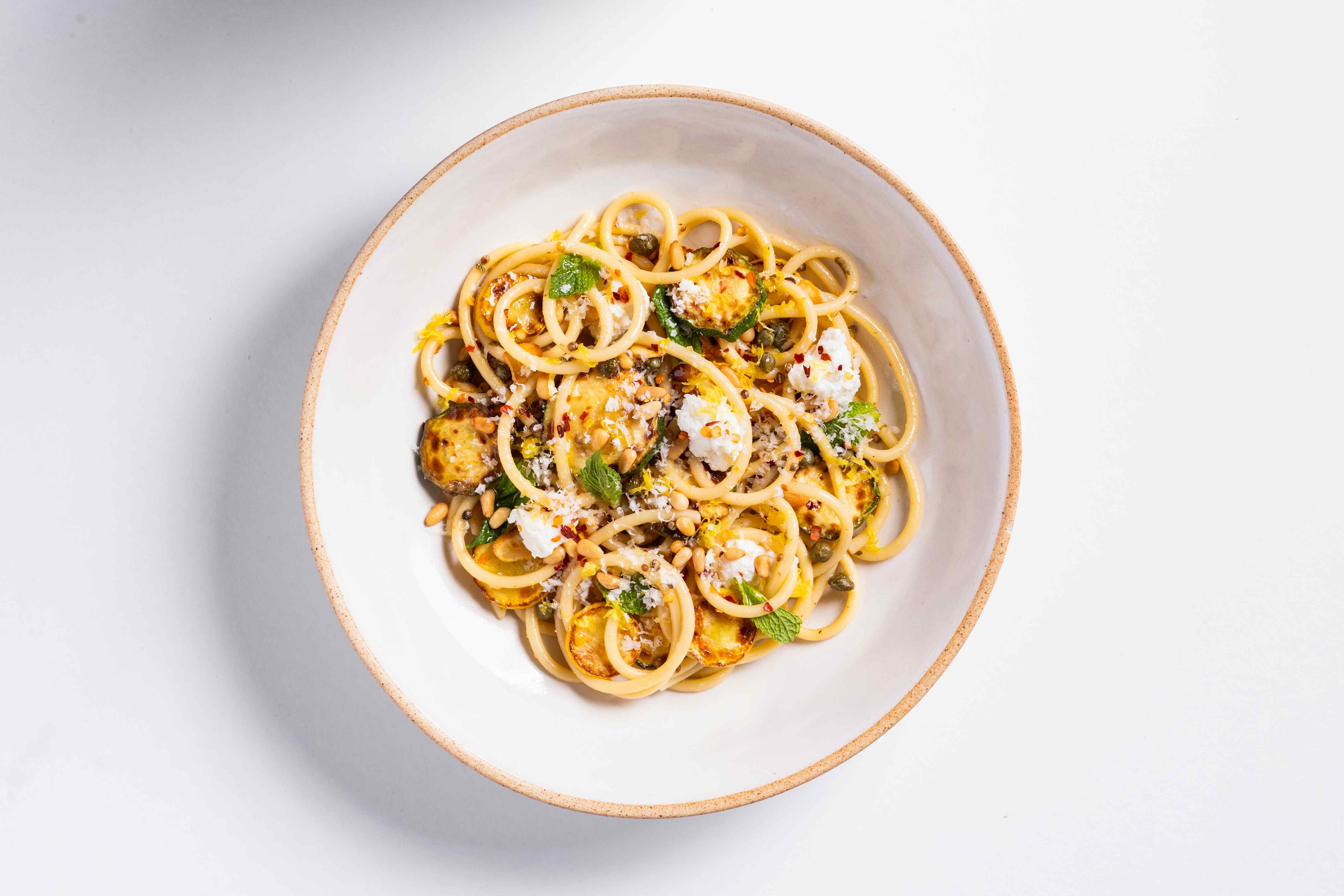 Bucatini with Charred Zucchini, Mint, and Lemon