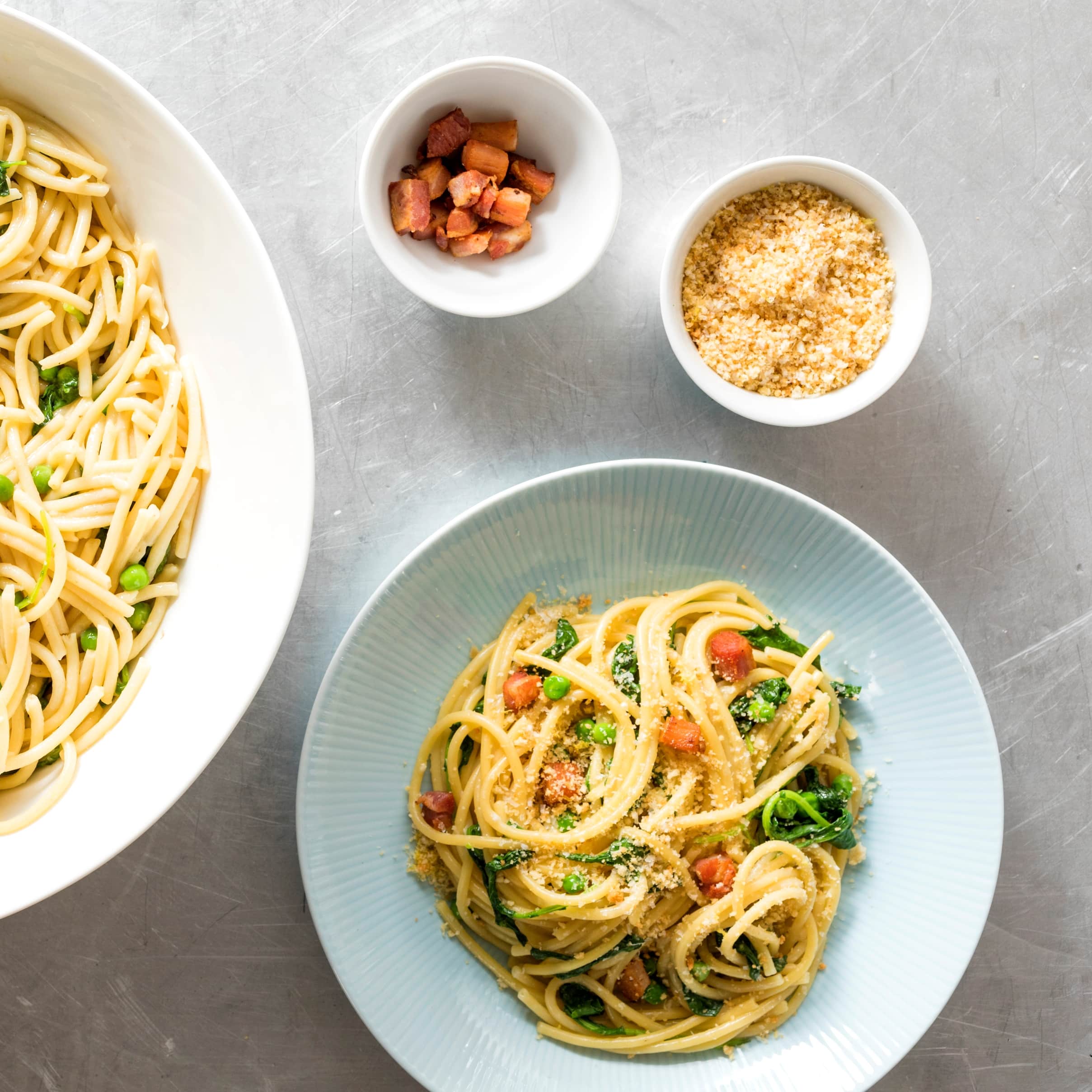 One-Pot Bucatini with Peas, Kale, and Pancetta