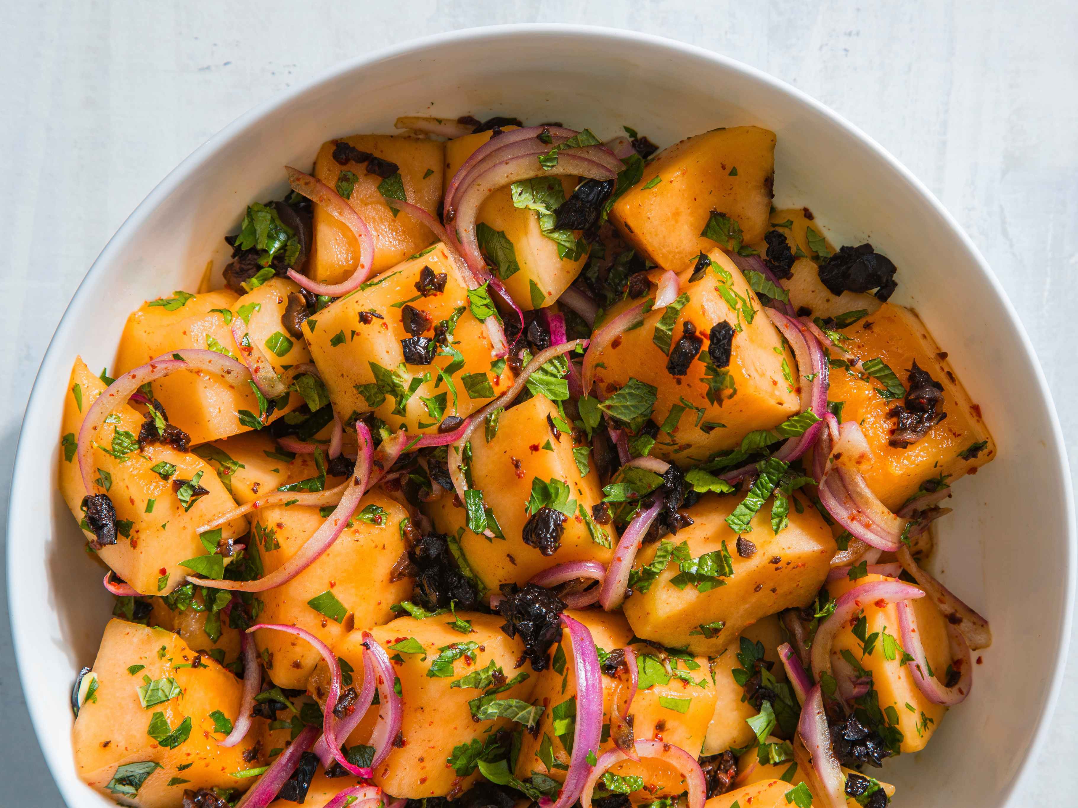 Cantaloupe Salad with Olives and Red Onion