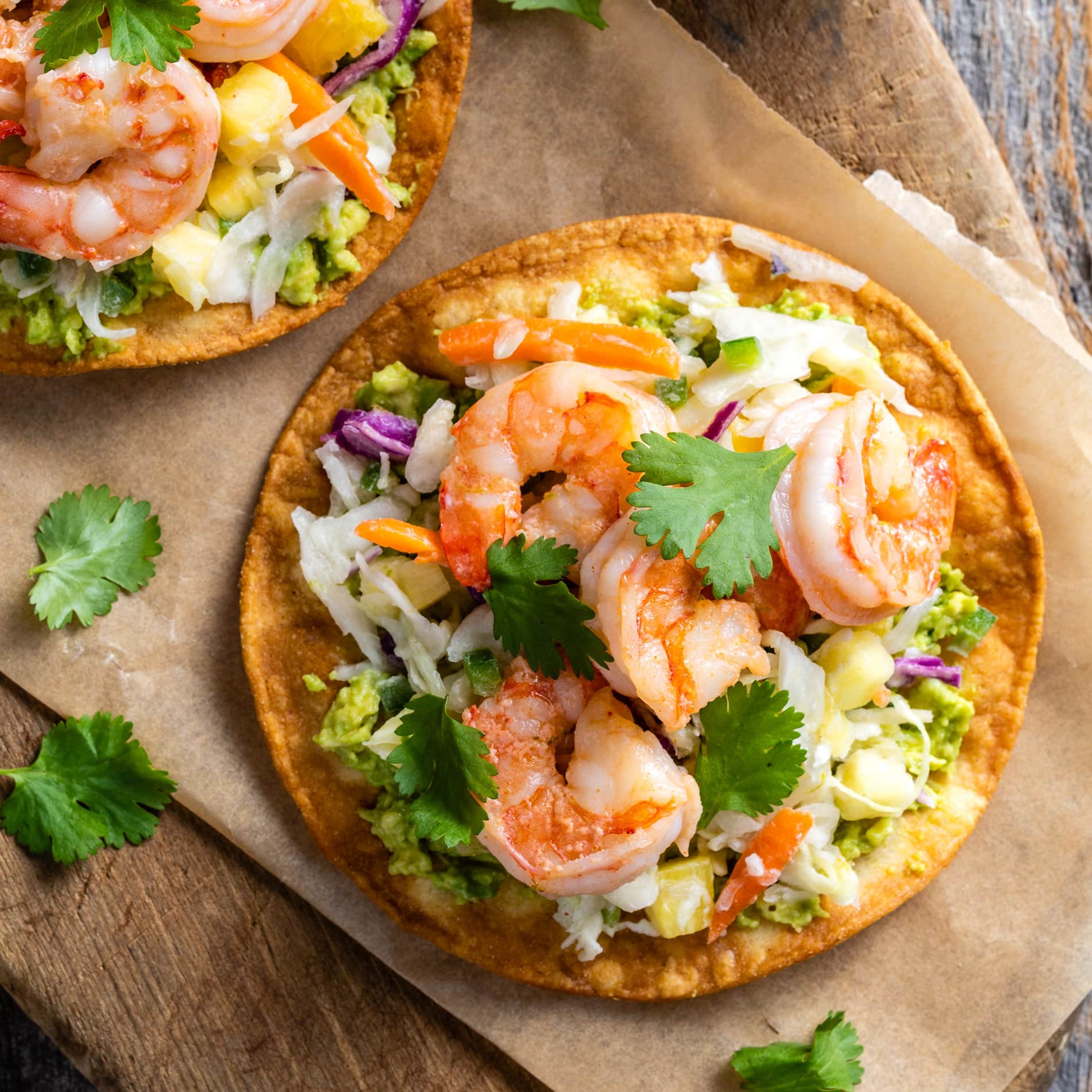 Shrimp Tostadas with Coconut and Pineapple Slaw