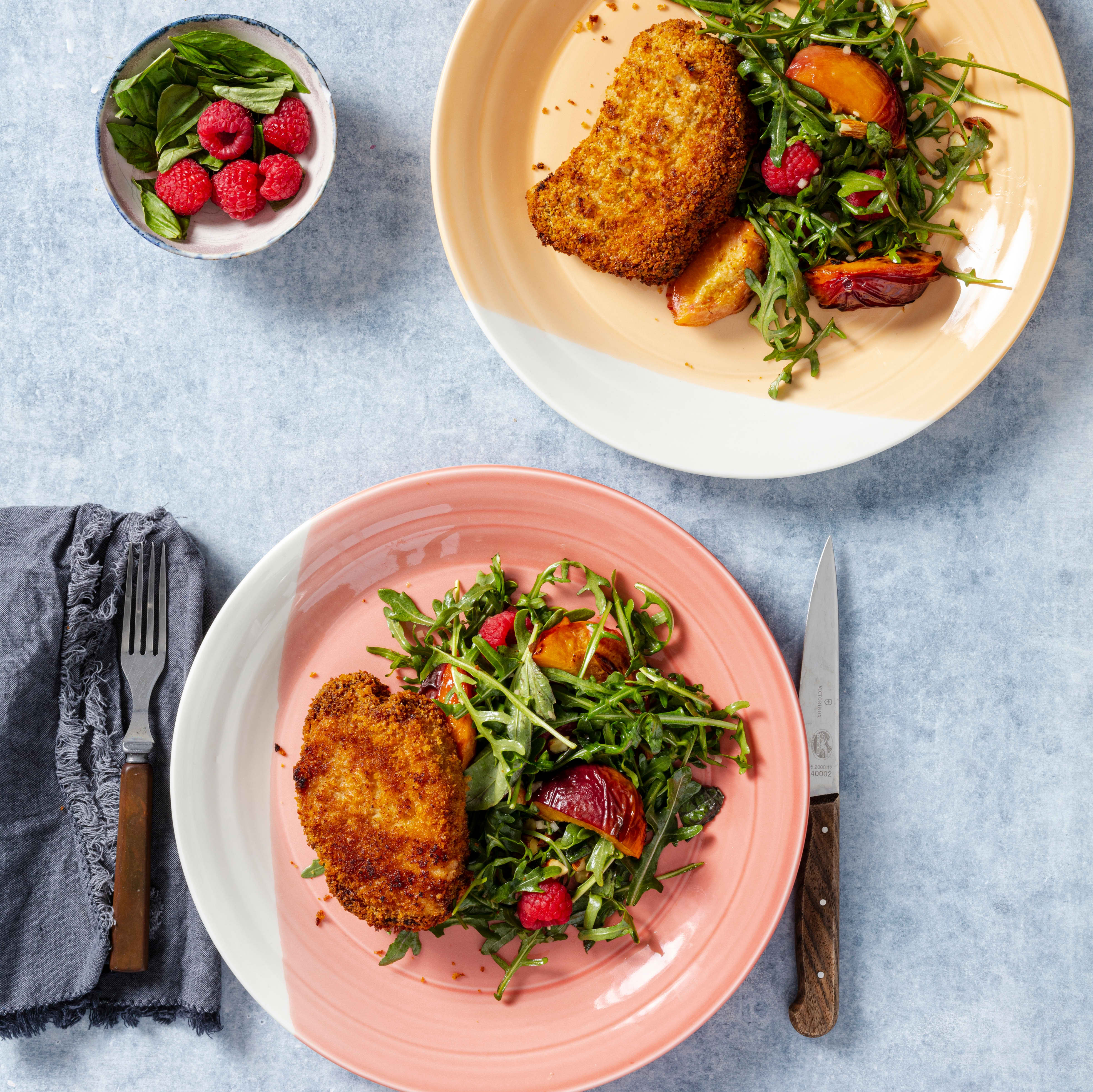Air-Fryer Crispy Pork Chops with Roasted Peach, Blackberry, and Arugula Salad