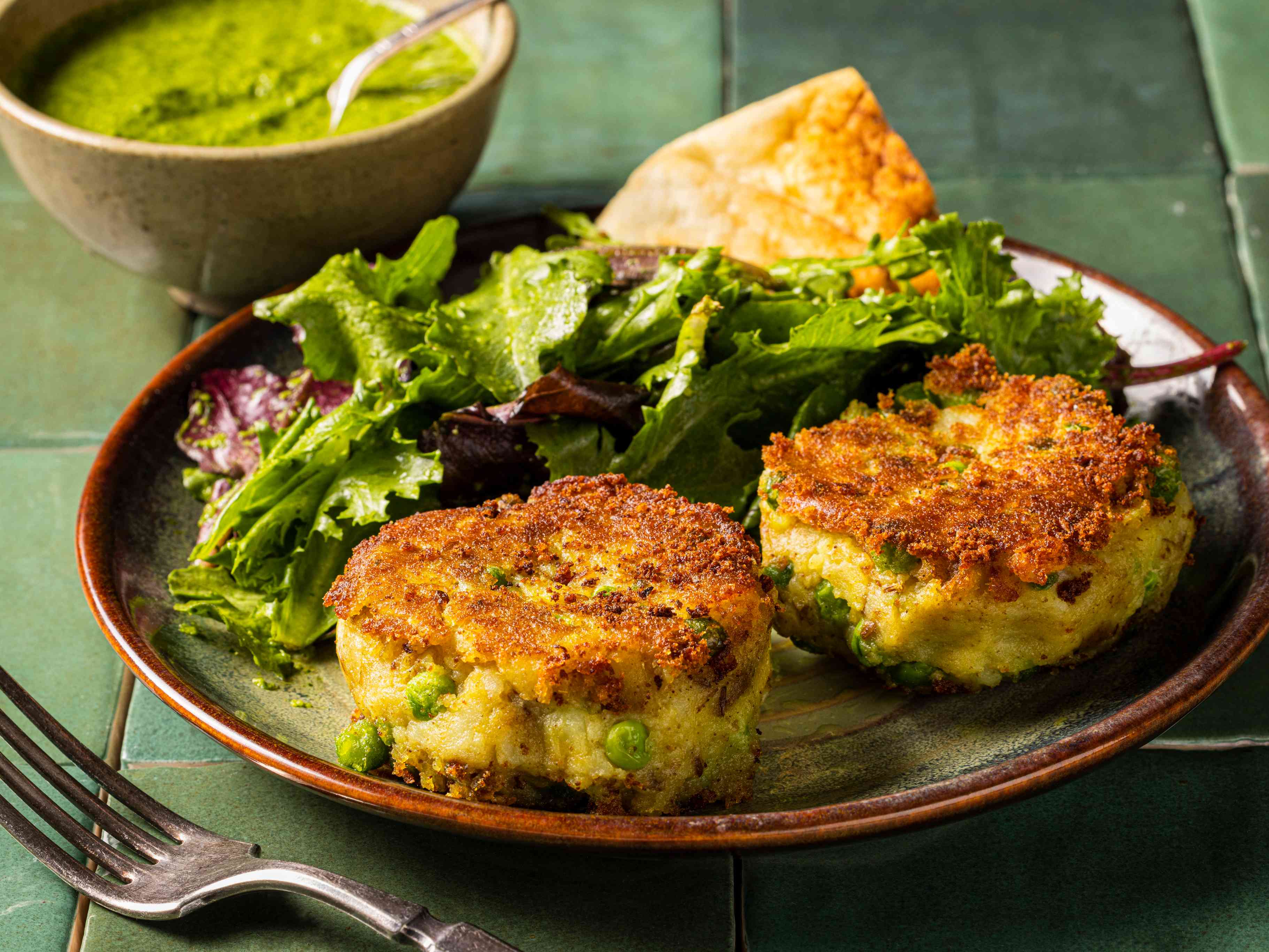 Curried Potato Cakes with Spicy Cilantro Chutney