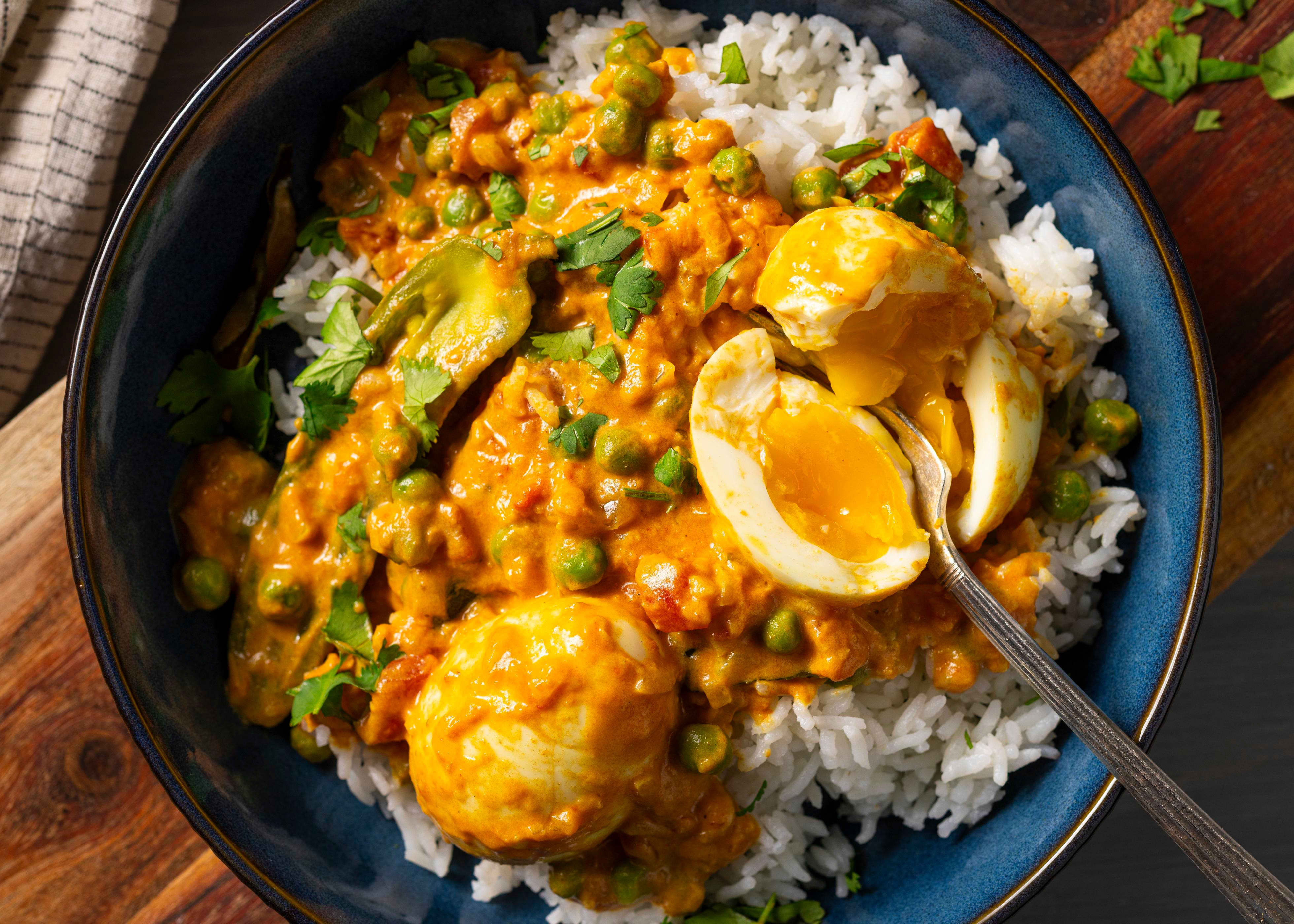 Egg Curry with Tomato, Coconut Milk, and Peas