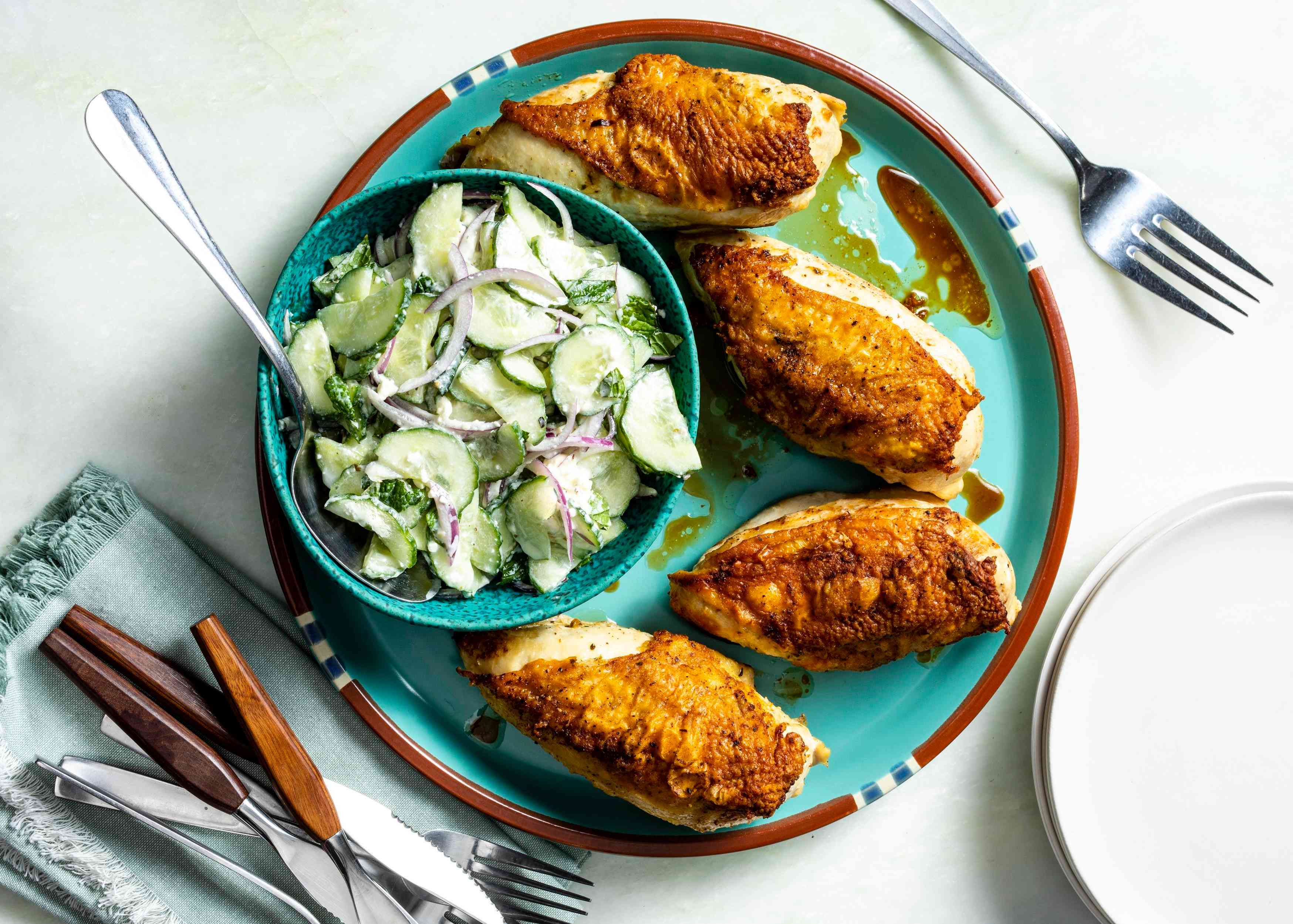 Garlic-Feta Chicken Breasts with Cucumber Salad