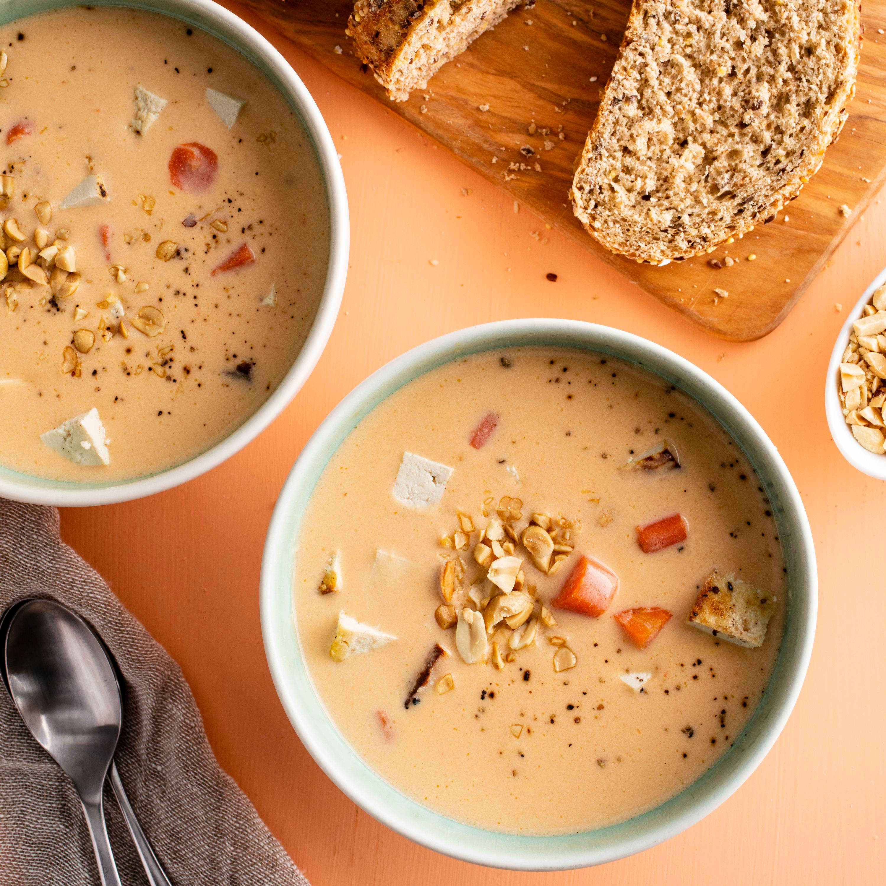 Gingery Coconut Carrot Soup with Tofu Croutons