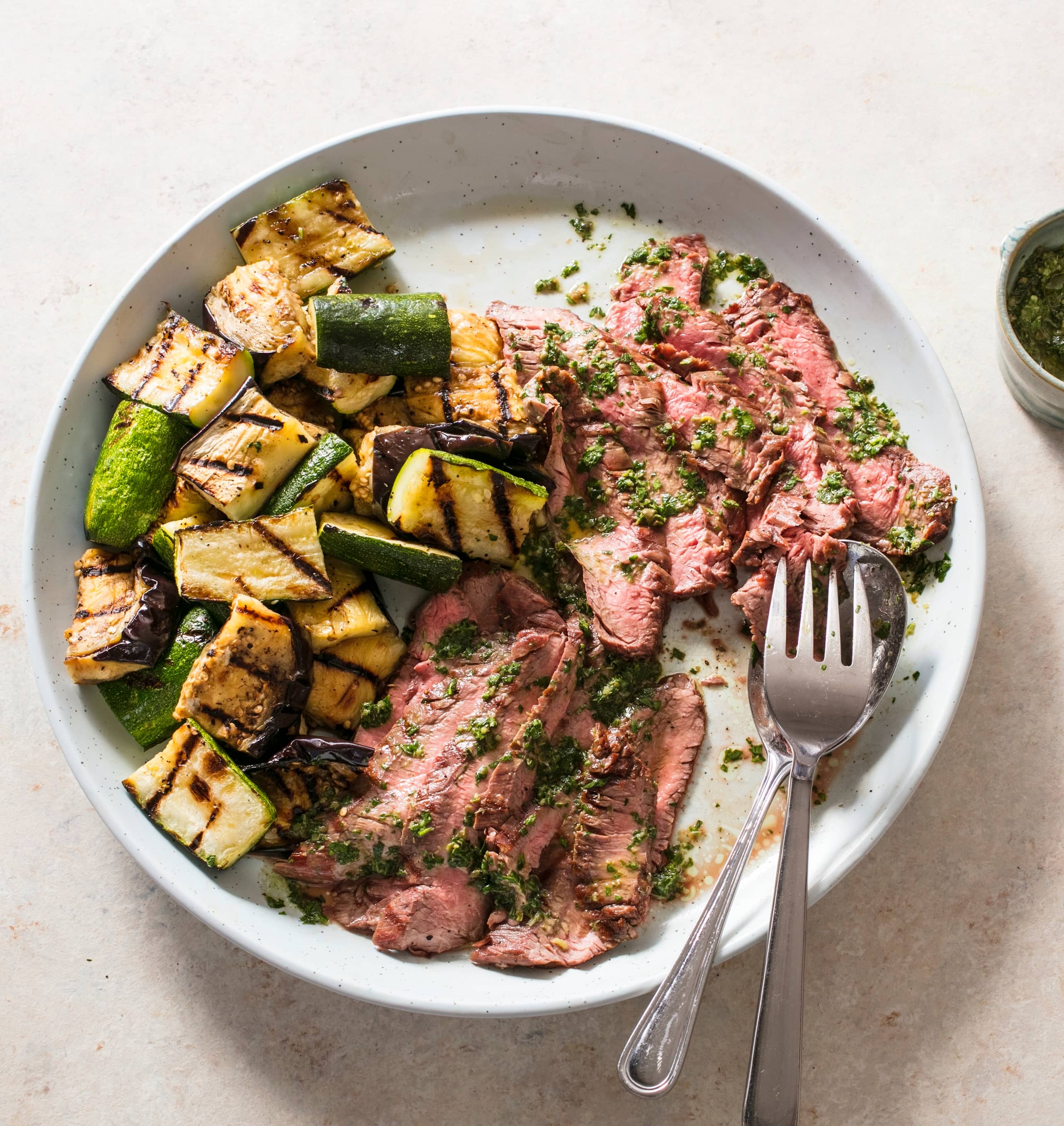 Grilled Flank Steak with Vegetables and Salsa Verde