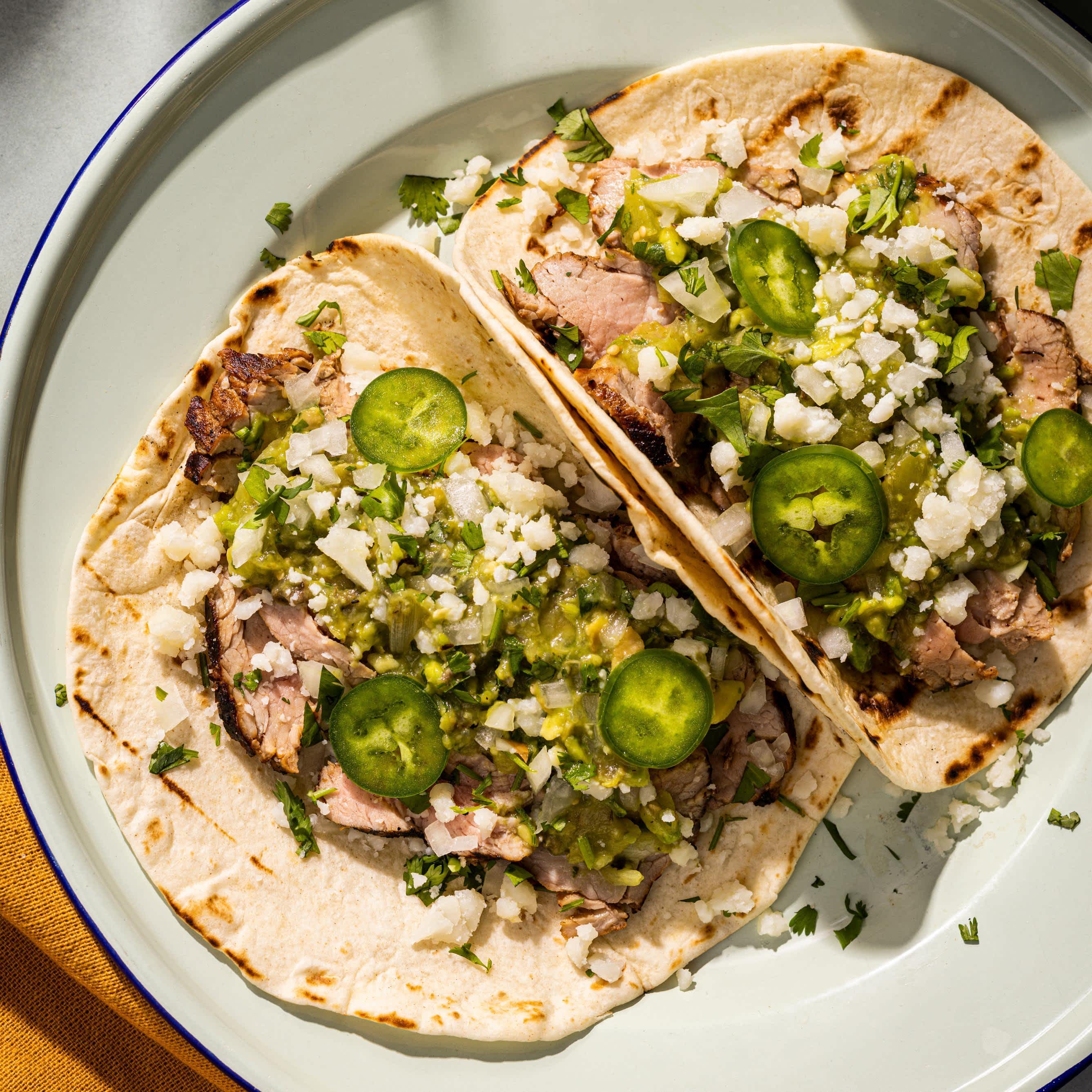 Grilled Pork Tacos with Tomatillo-Avocado Salsa