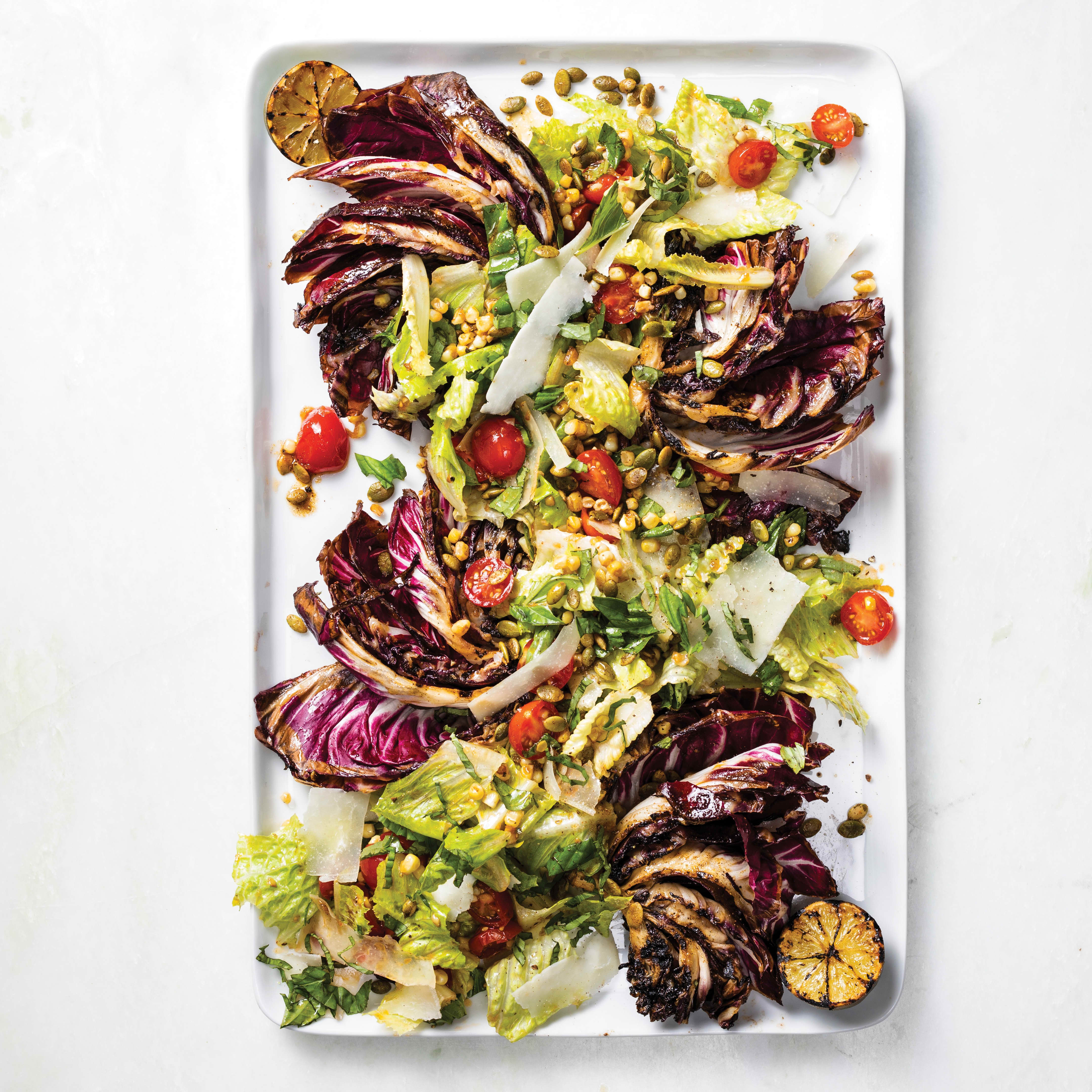 Grilled Radicchio Salad with Corn, Cherry Tomatoes, and Pecorino Romano