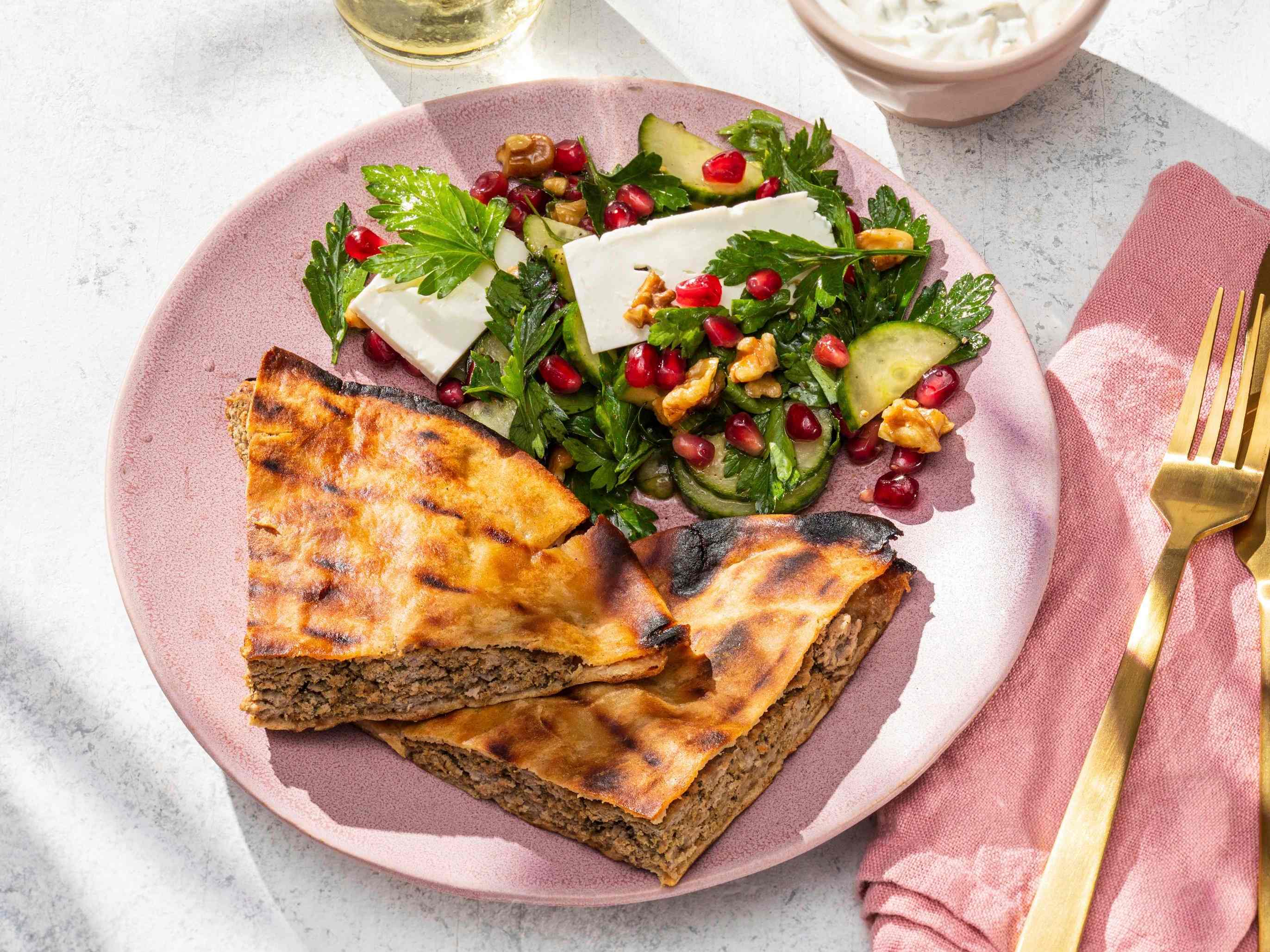 Grilled Arayes (Grilled Lamb-Stuffed Pitas with Yogurt Sauce)