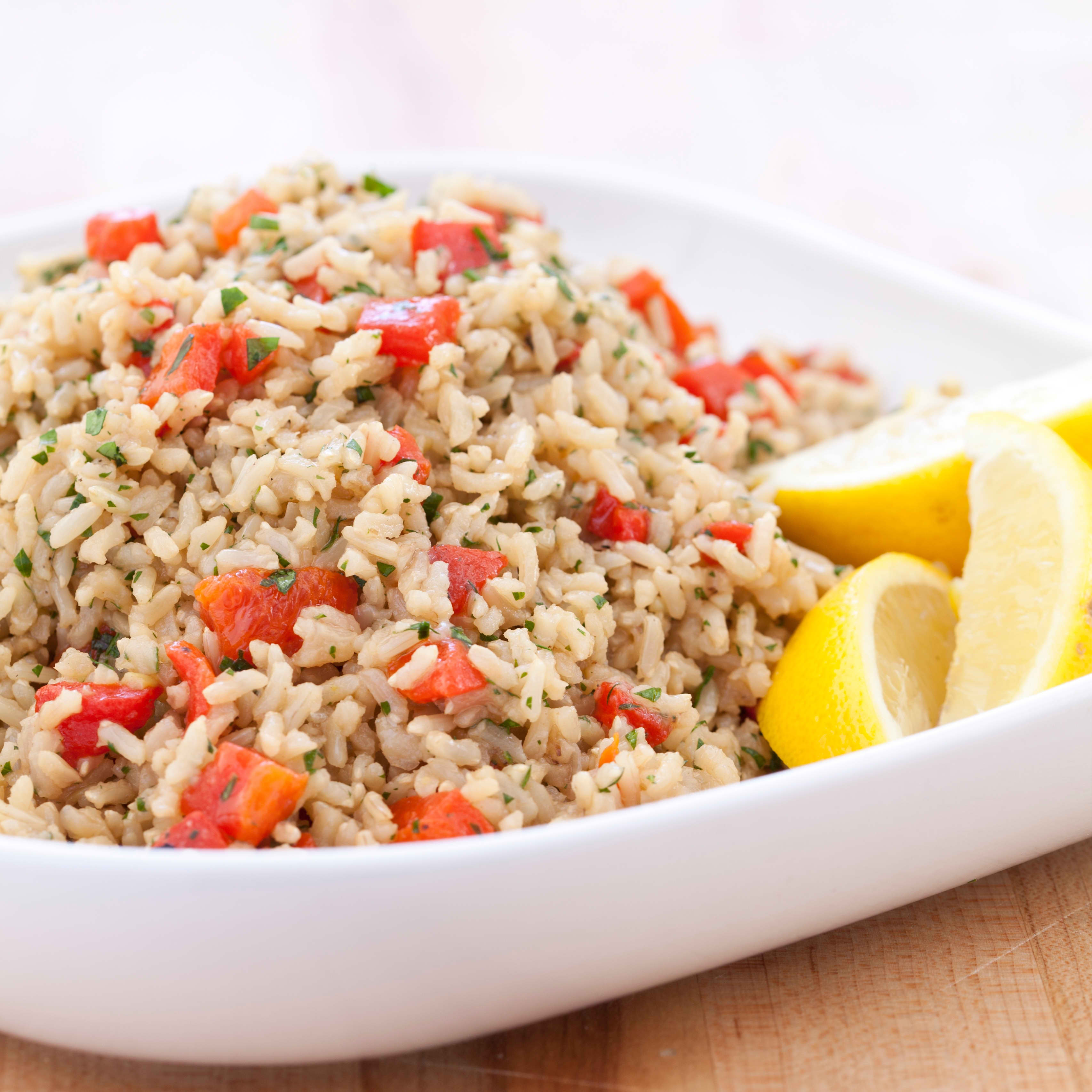 Gluten-Free Hearty Baked Brown Rice with Onions and Roasted Red Peppers