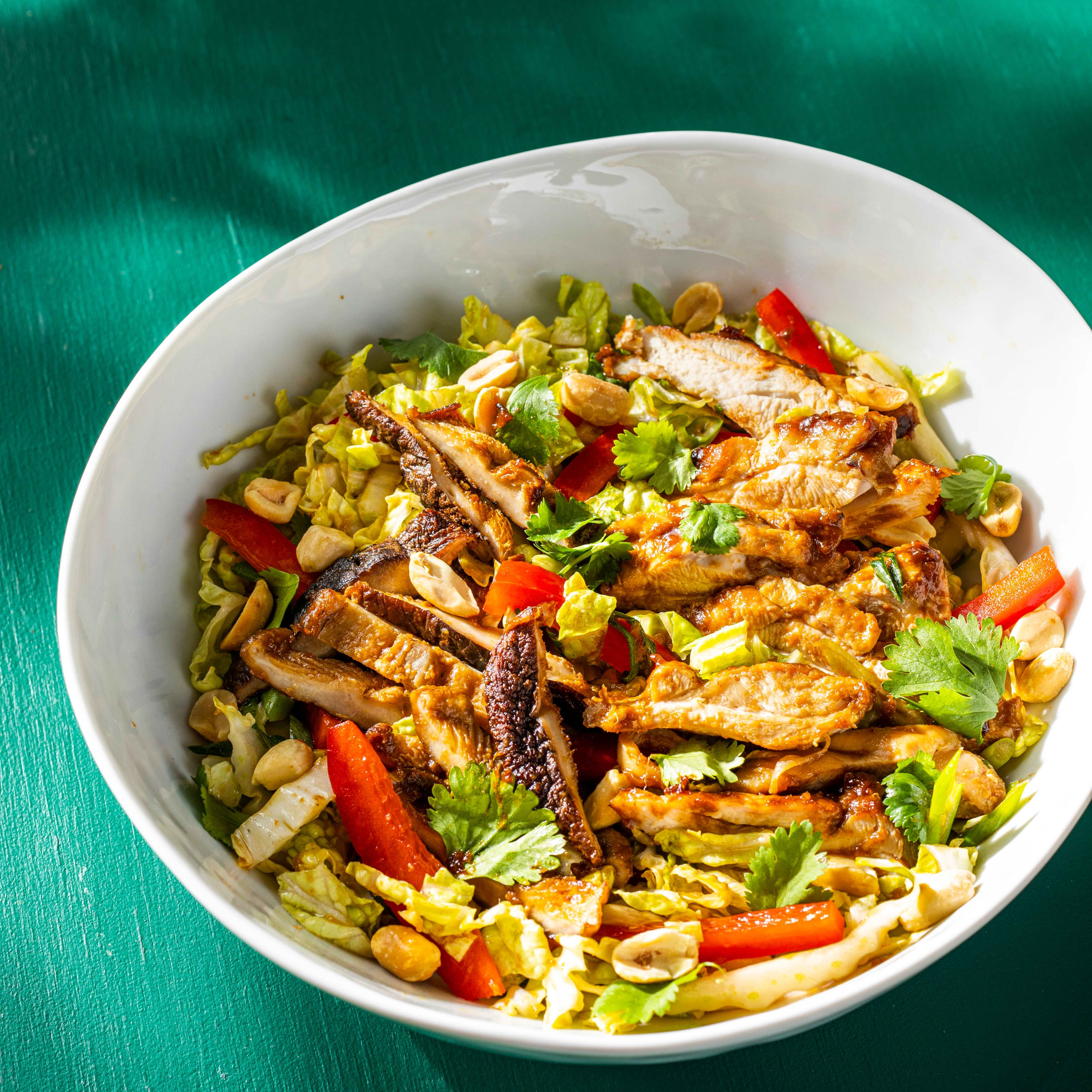 Air-Fryer Hoisin-Ginger Chicken Salad with Napa Cabbage, Shiitakes, and Bell Pepper